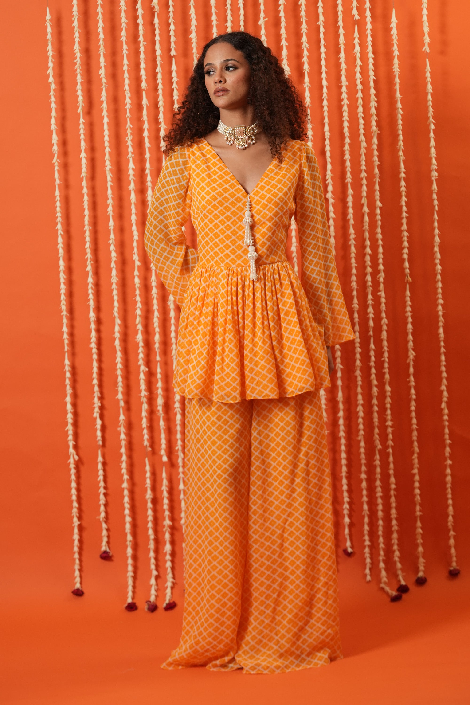 V Neck Peplum Top & Flared Pants Set