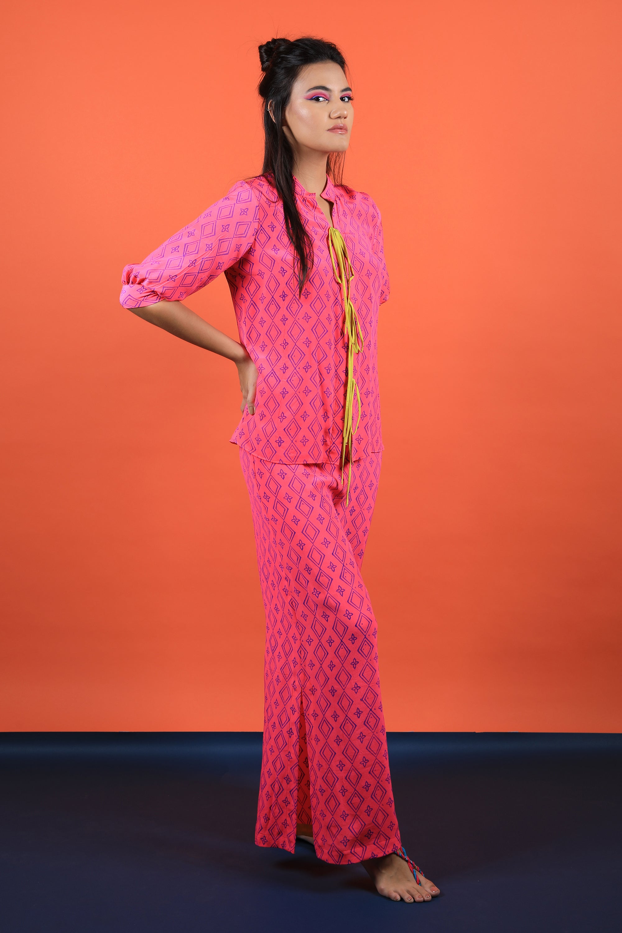 Neon Pink Shirt & Pants Set With Slit