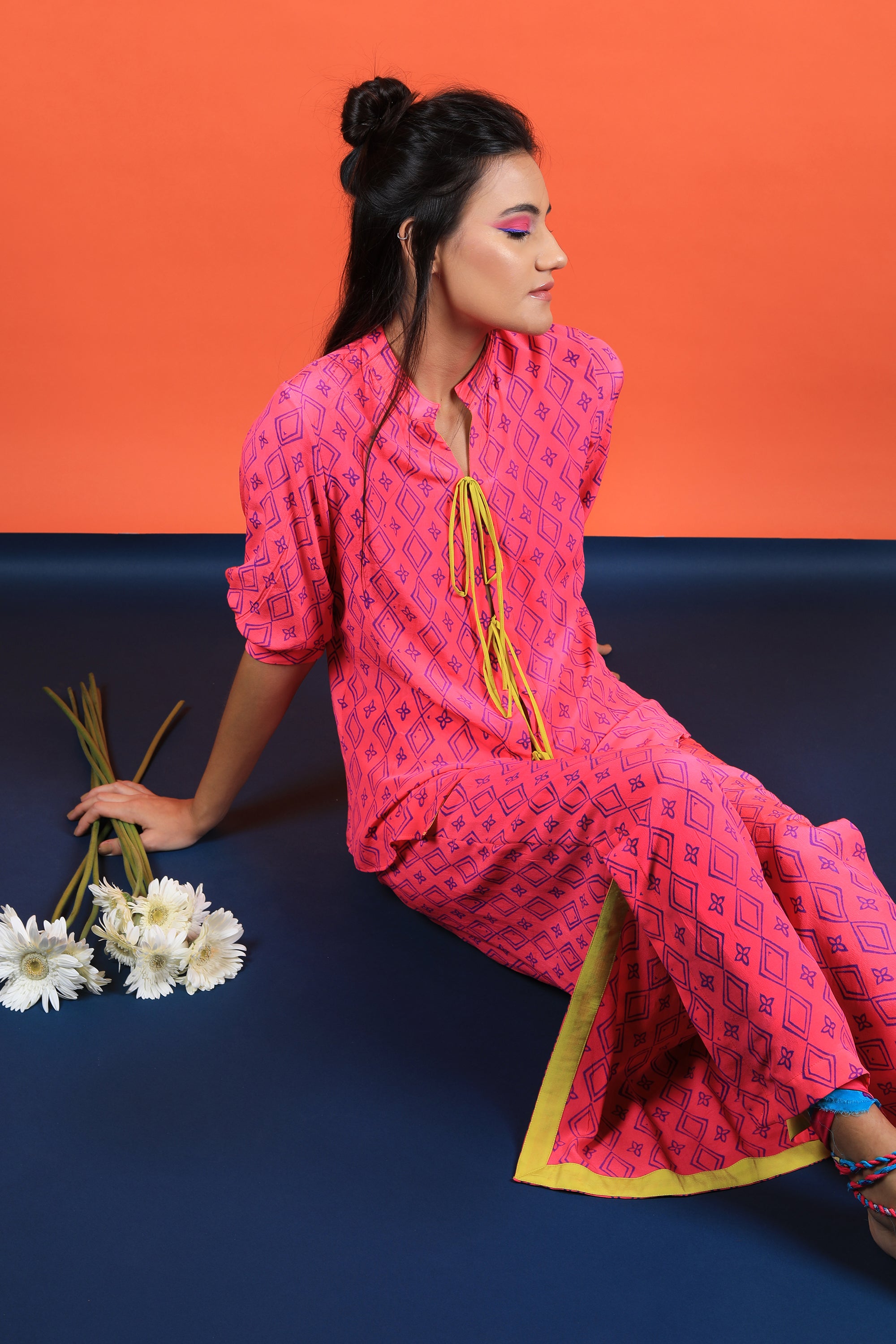 Neon Pink Shirt & Pants Set With Slit