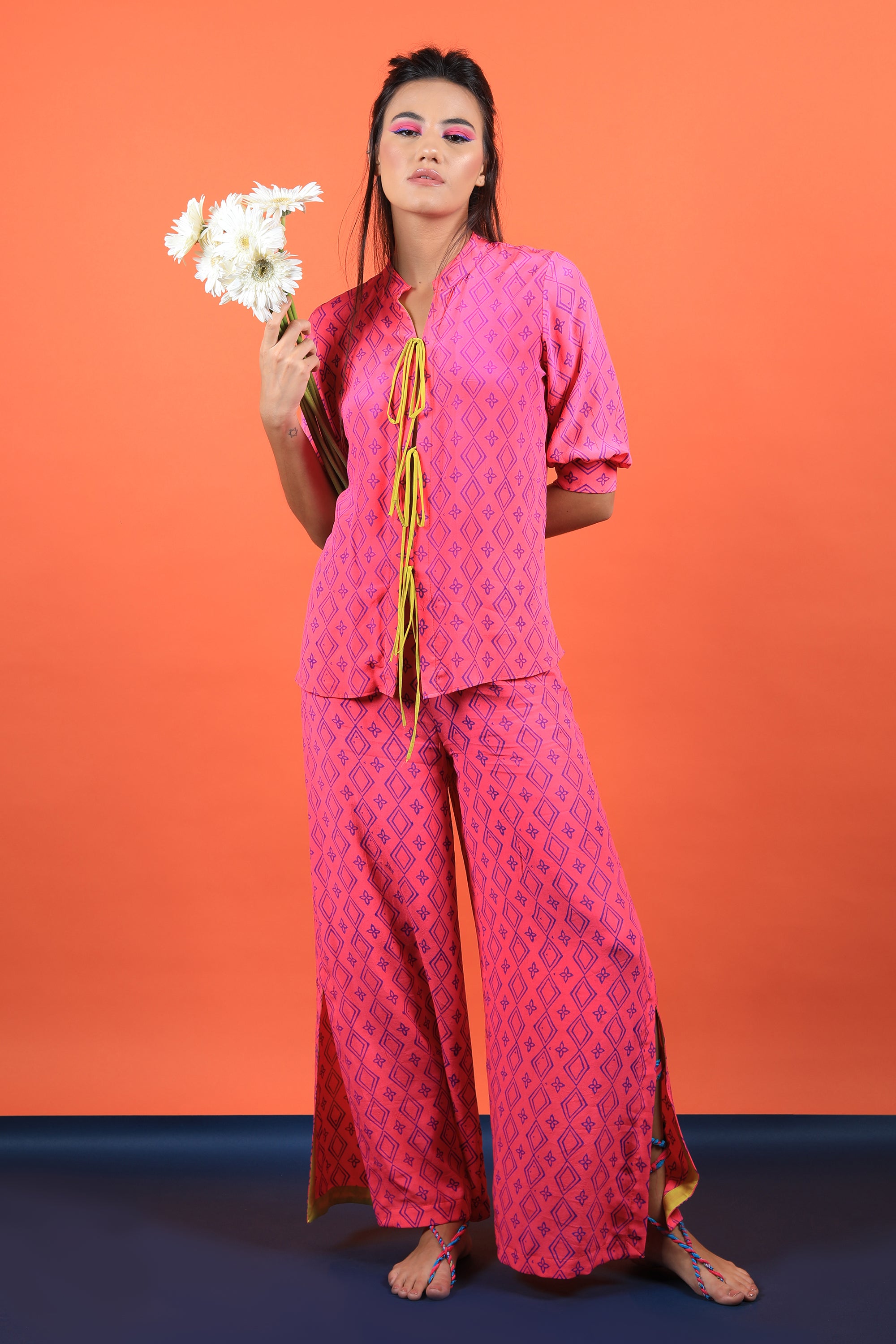 Neon Pink Shirt & Pants Set With Slit