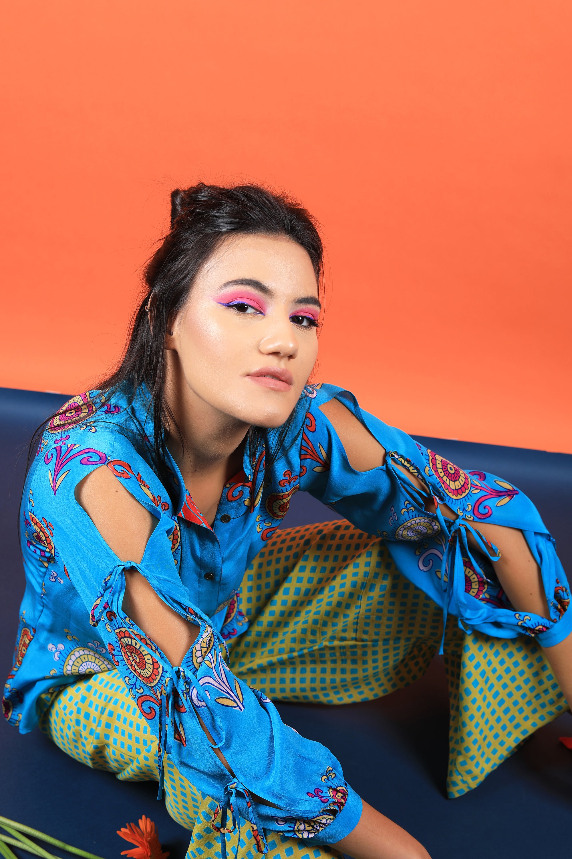 Acqua Floral Motif Shirt And Box Print Wide Legged Pants