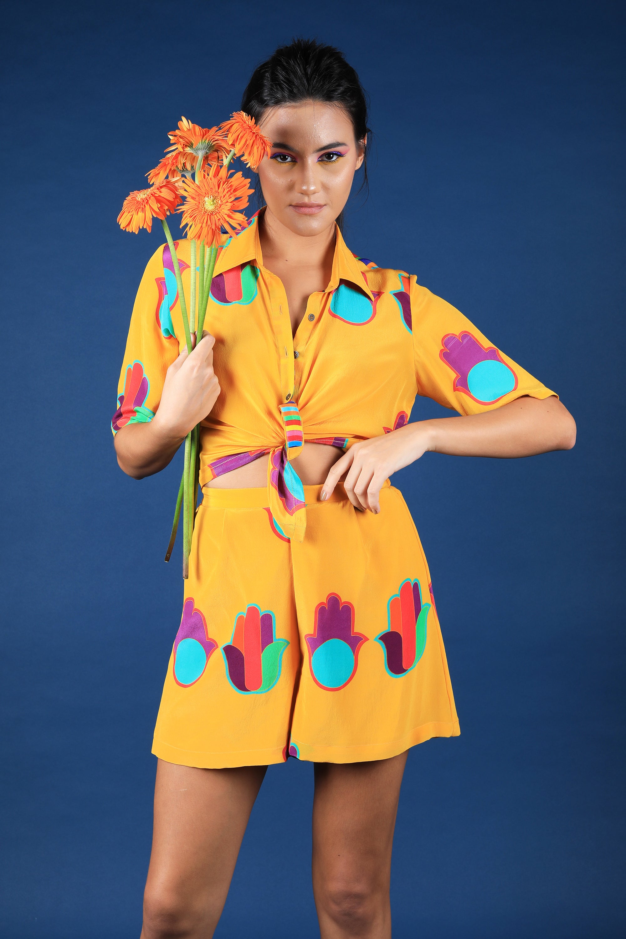 Mustard Hamsa Print Knot Shirt & Shorts