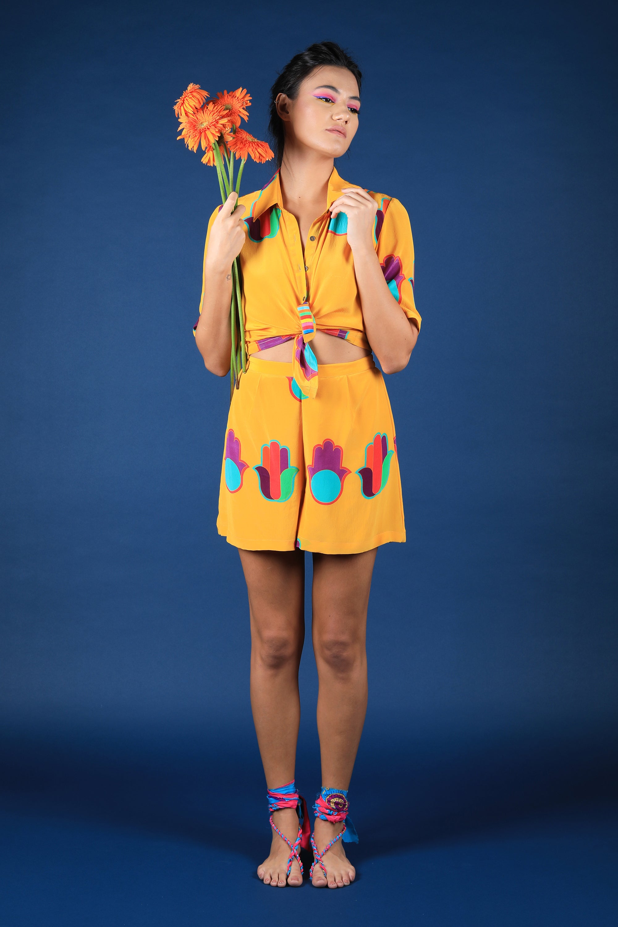 Mustard Hamsa Print Knot Shirt & Shorts