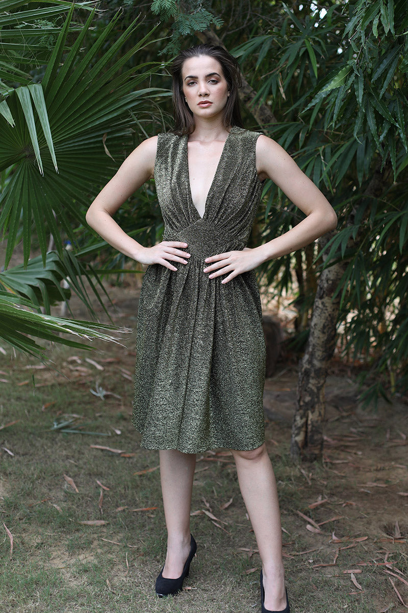Low V Neck Metallic Dress