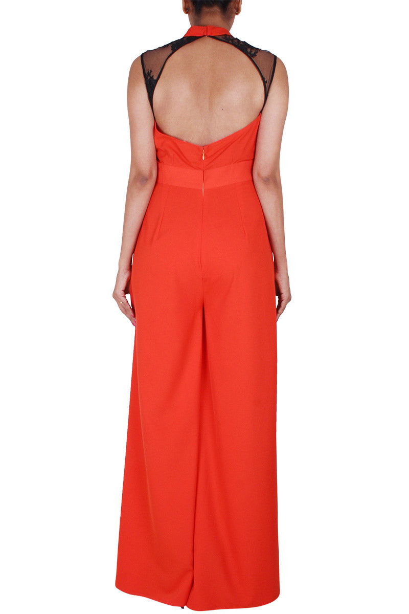 Band Collar Sheer Neck Jumpsuit