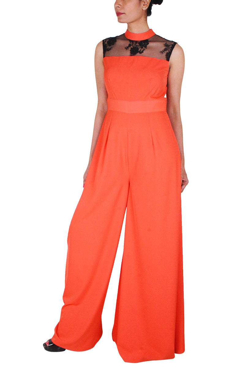 Band Collar Sheer Neck Jumpsuit