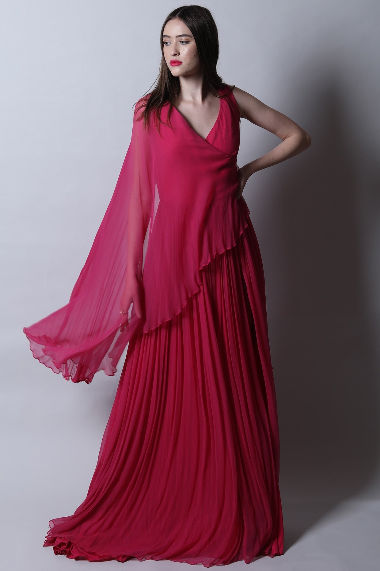 V Overlapping Gown With Asymmetric Cape