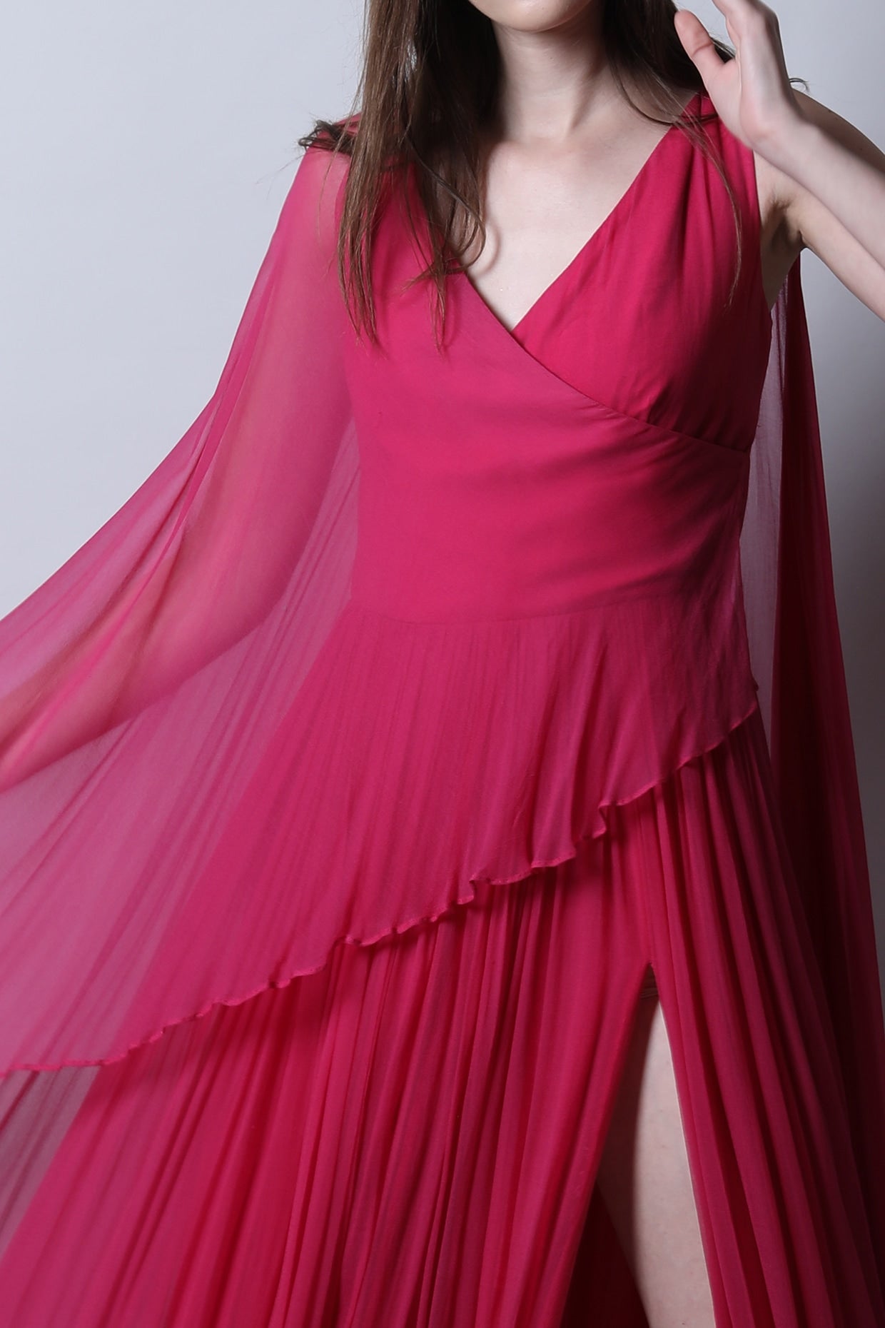 V Overlapping Gown With Asymmetric Cape