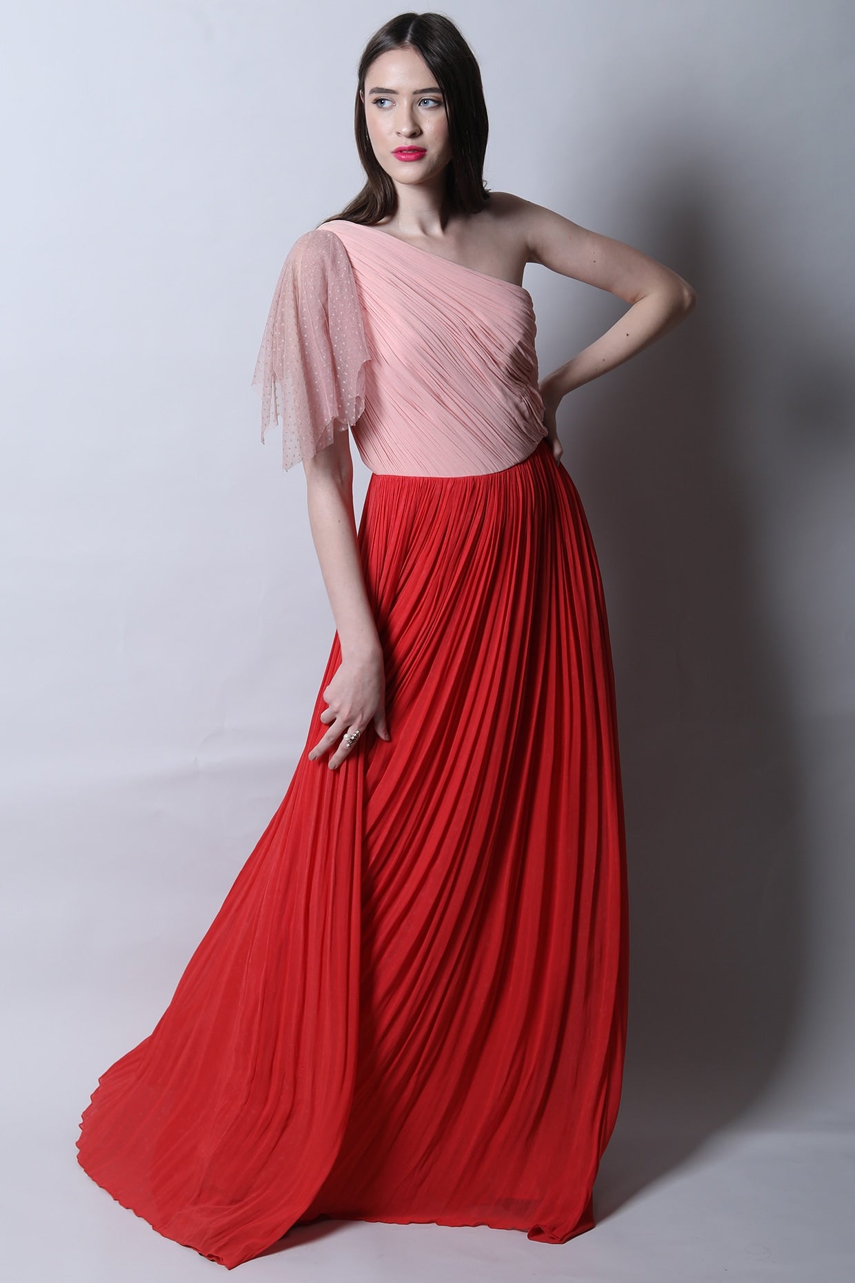 One Shoulder Ruched Color Block Maxi