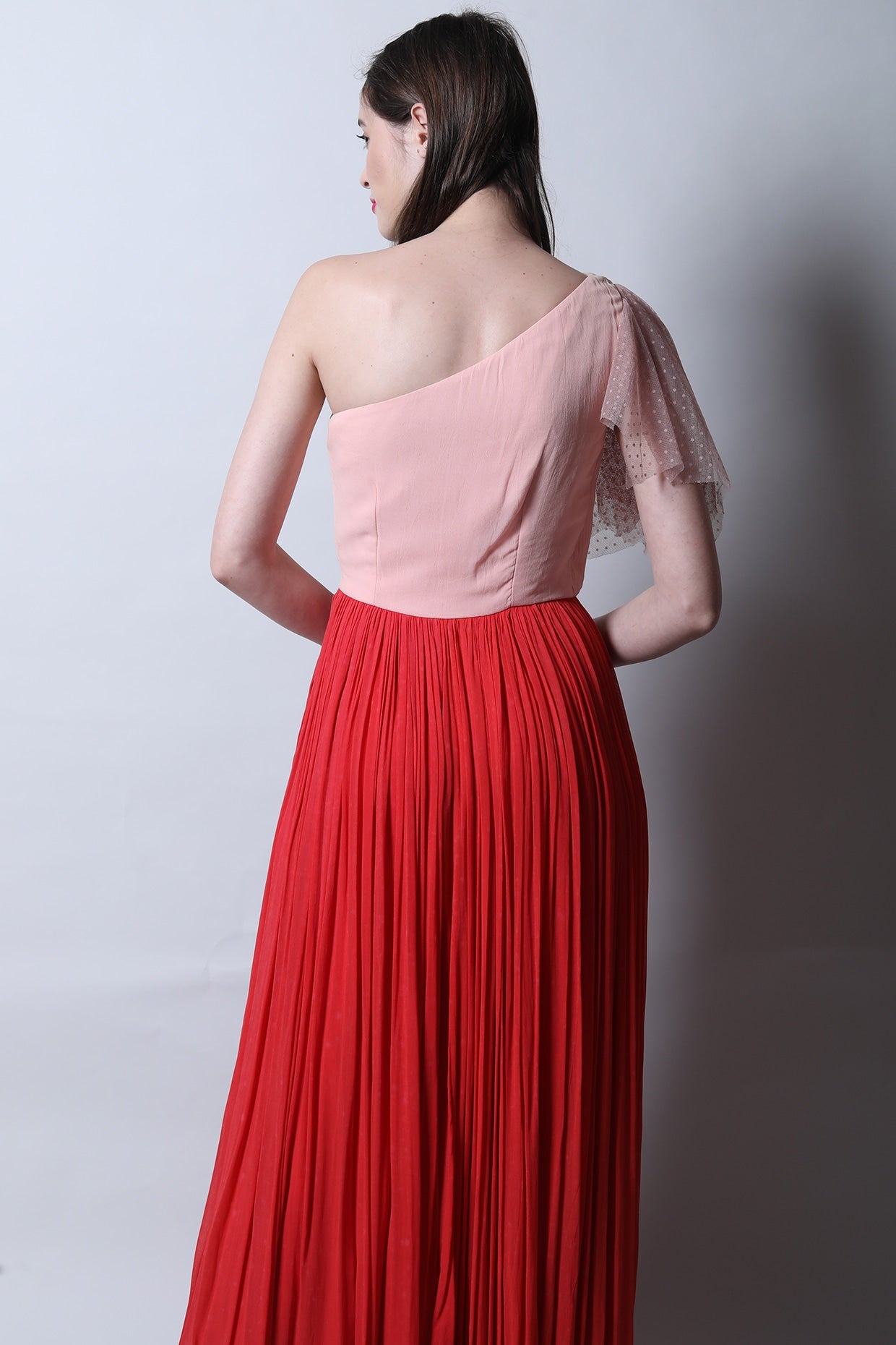 One Shoulder Ruched Color Block Maxi
