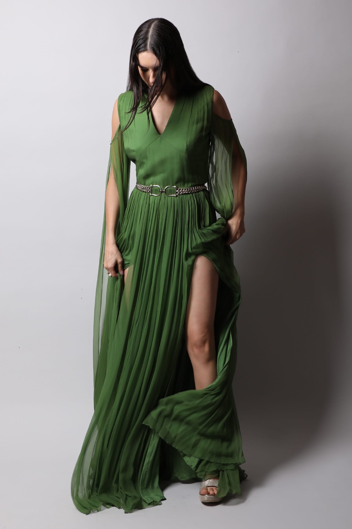 Panelled Neck Gown With Flared Sleeves