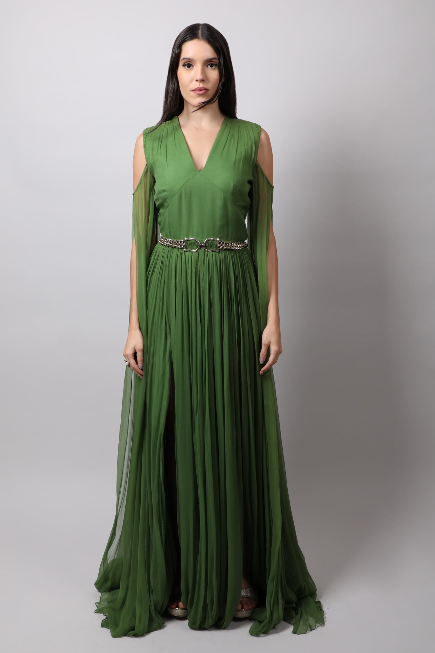 Panelled Neck Gown With Flared Sleeves