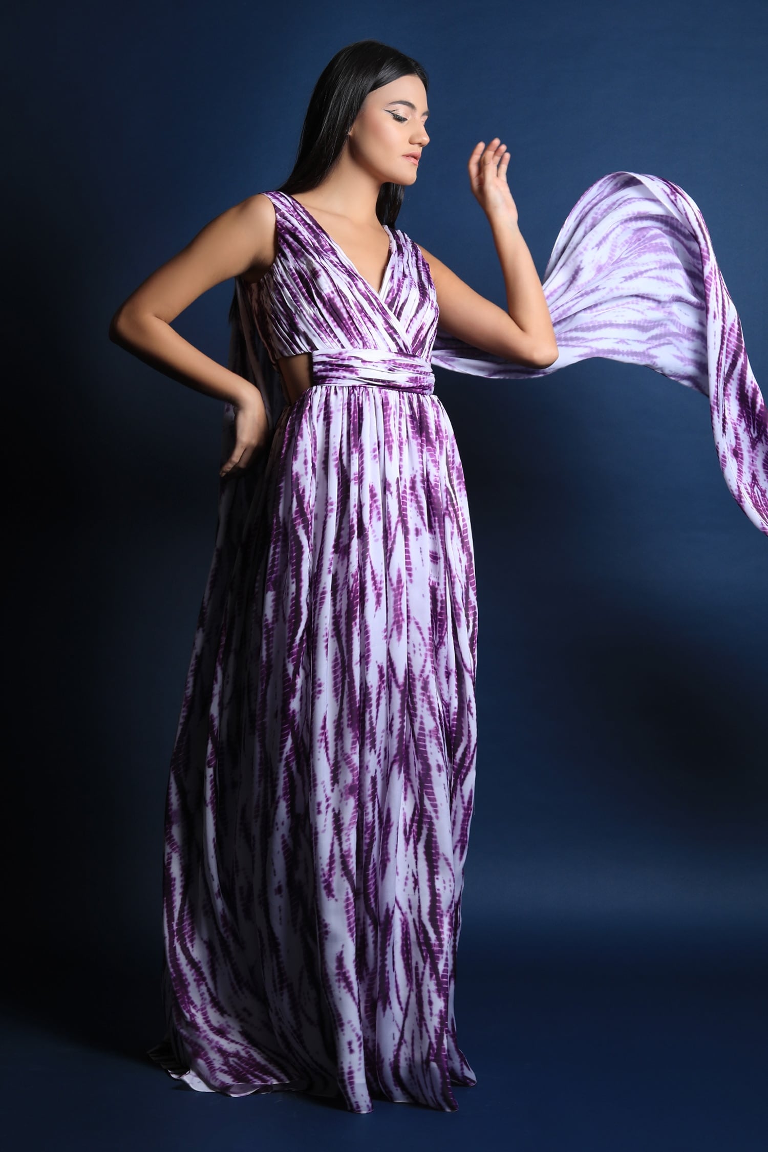 V Overlapping Neck Gown With Drapes & Cut Outs