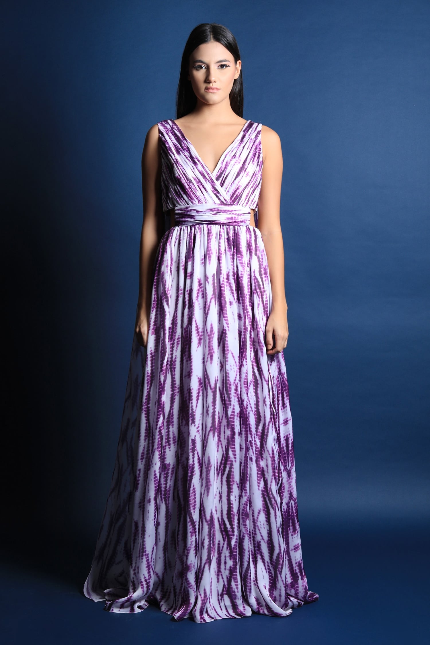 V Overlapping Neck Gown With Drapes & Cut Outs