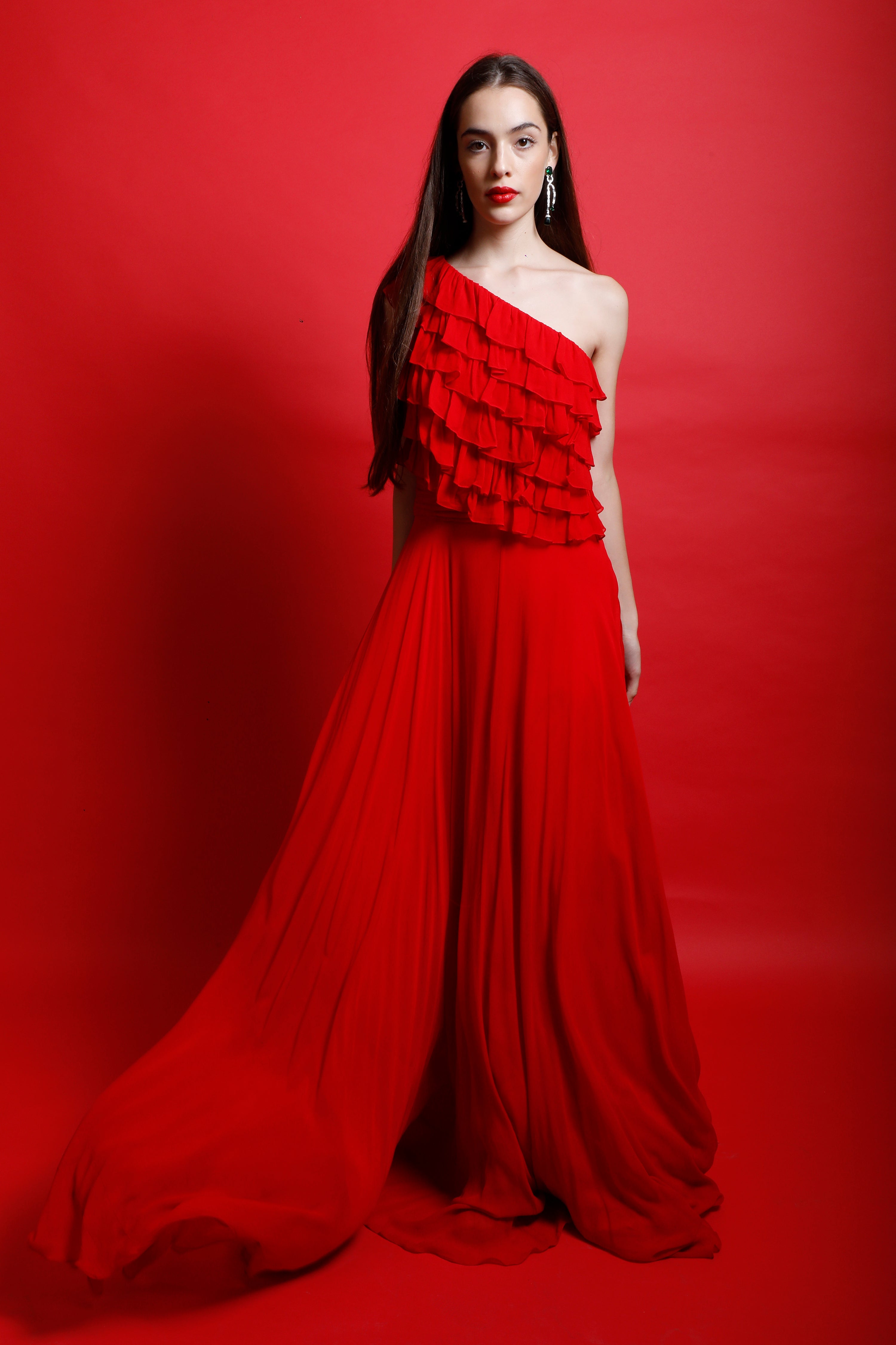 One Shoulder Maxi Gown with Tiered Ruffles