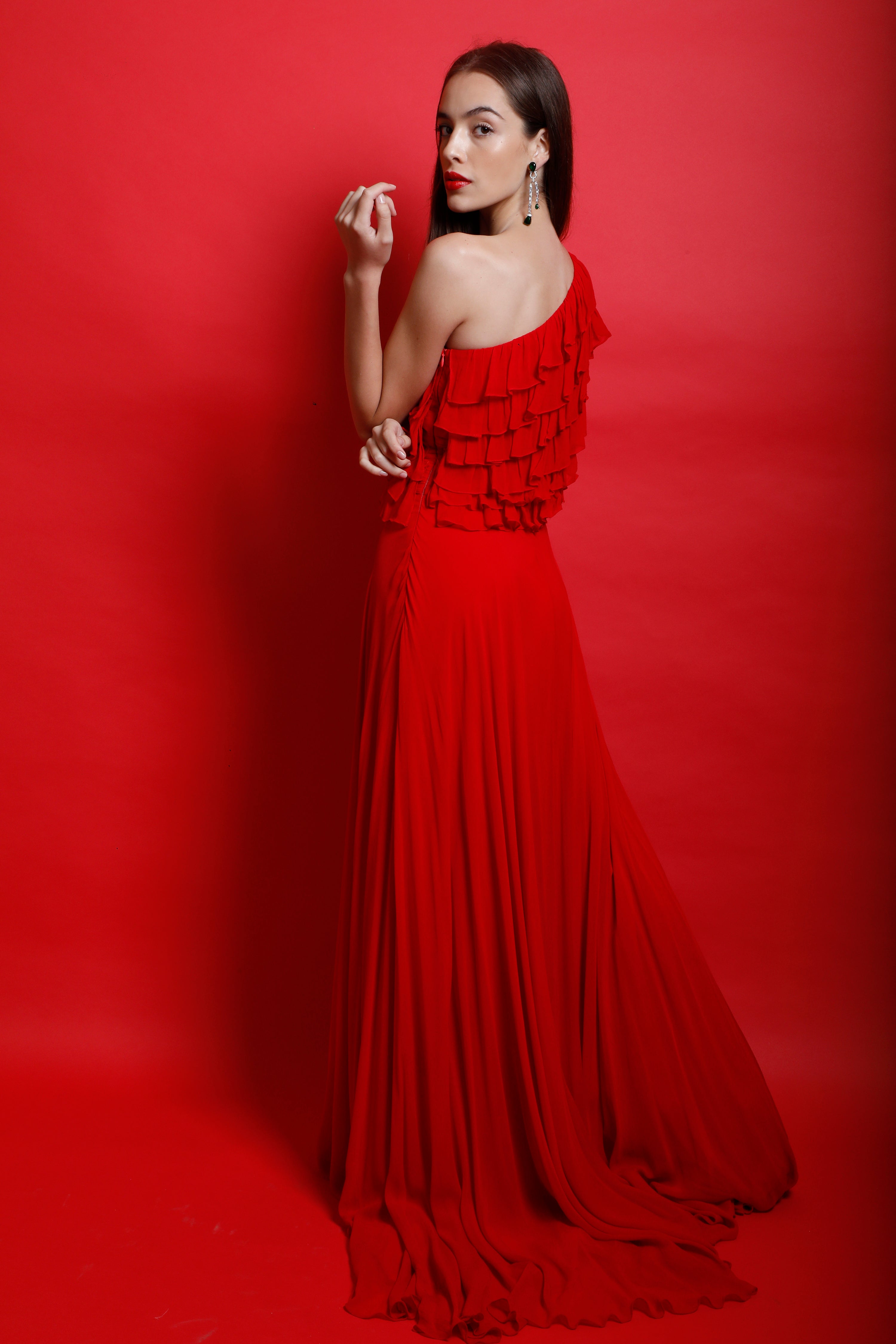 One Shoulder Maxi Gown with Tiered Ruffles