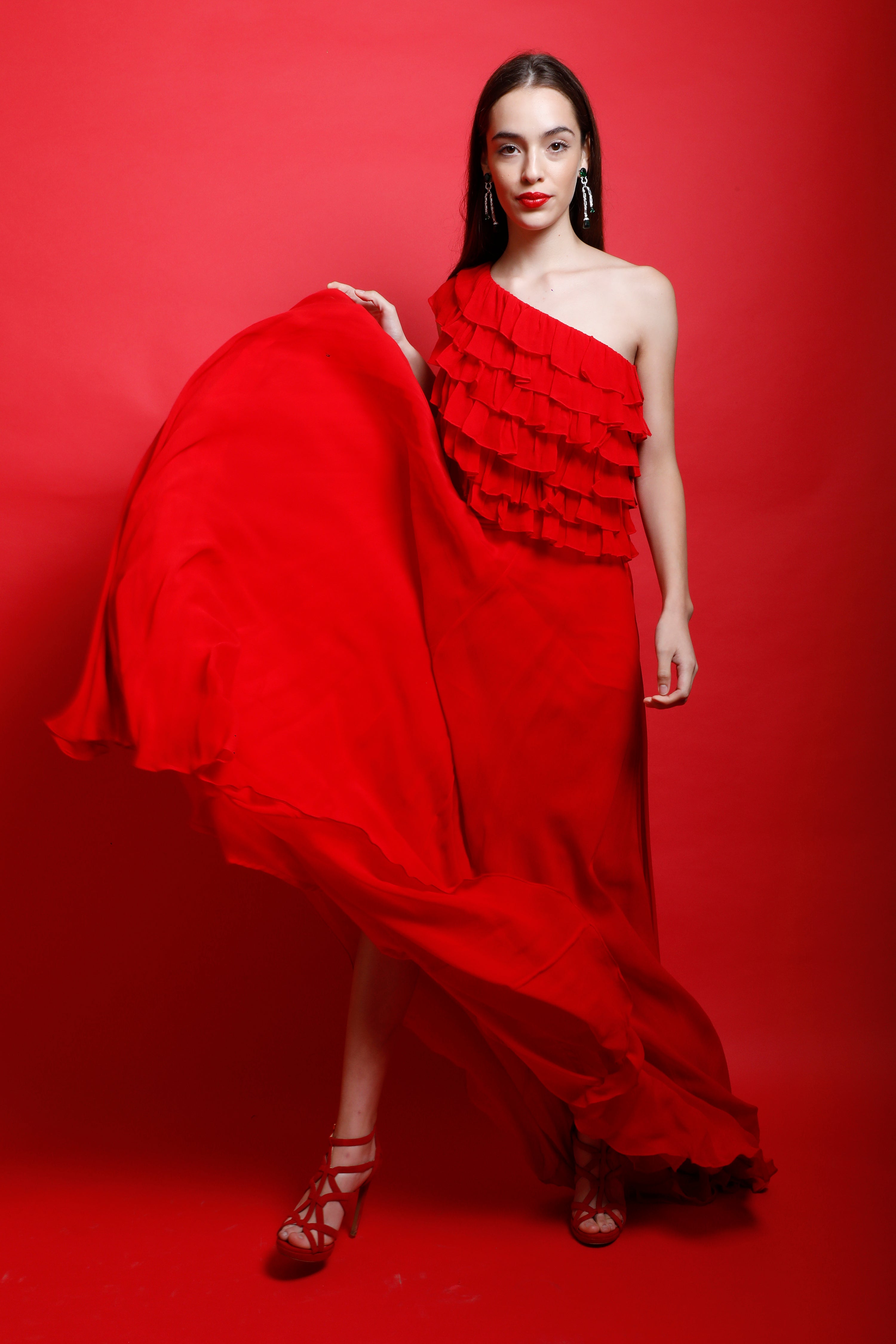 One Shoulder Maxi Gown with Tiered Ruffles
