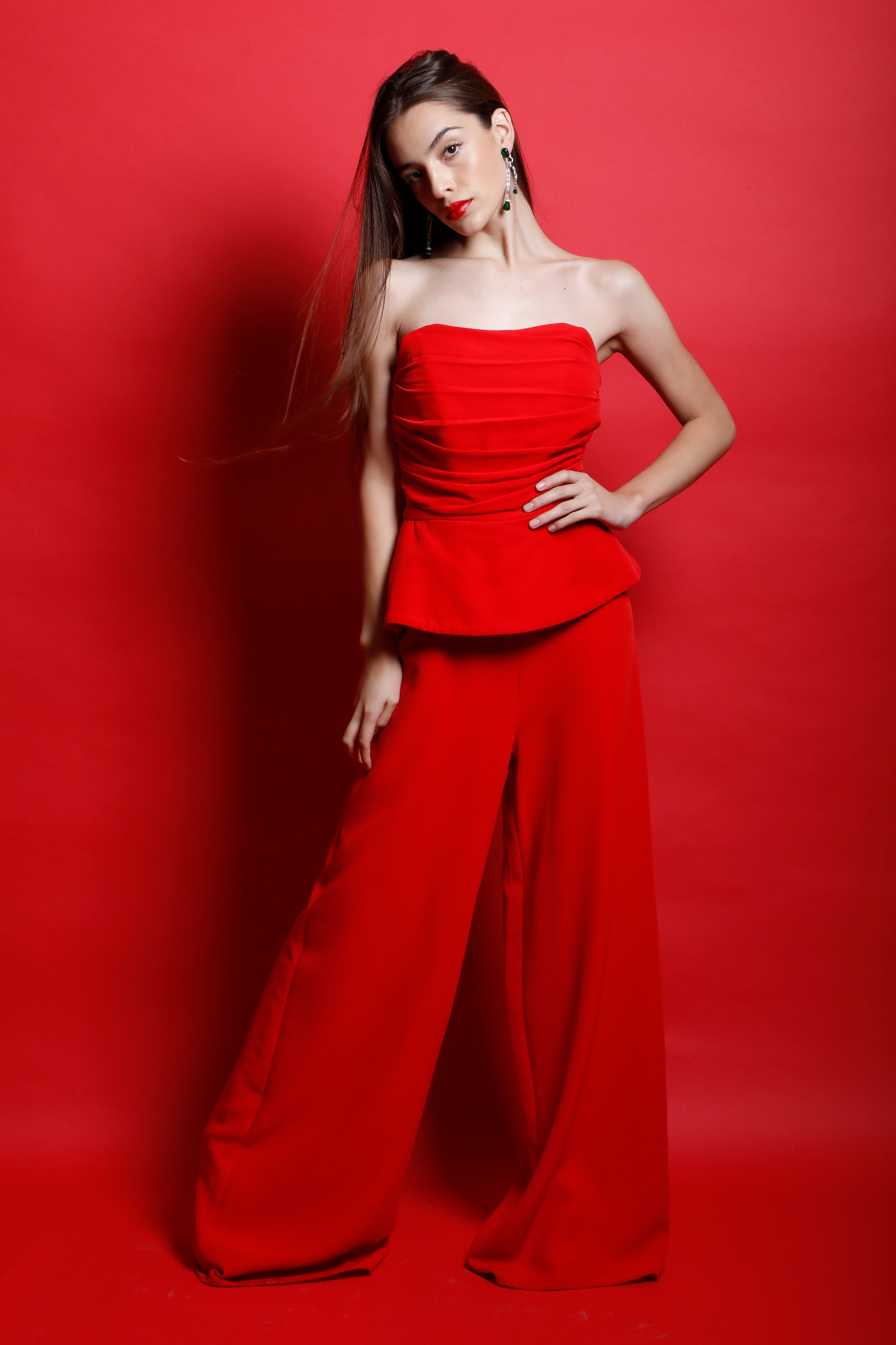 Red Corset Jumpsuit with Peplum