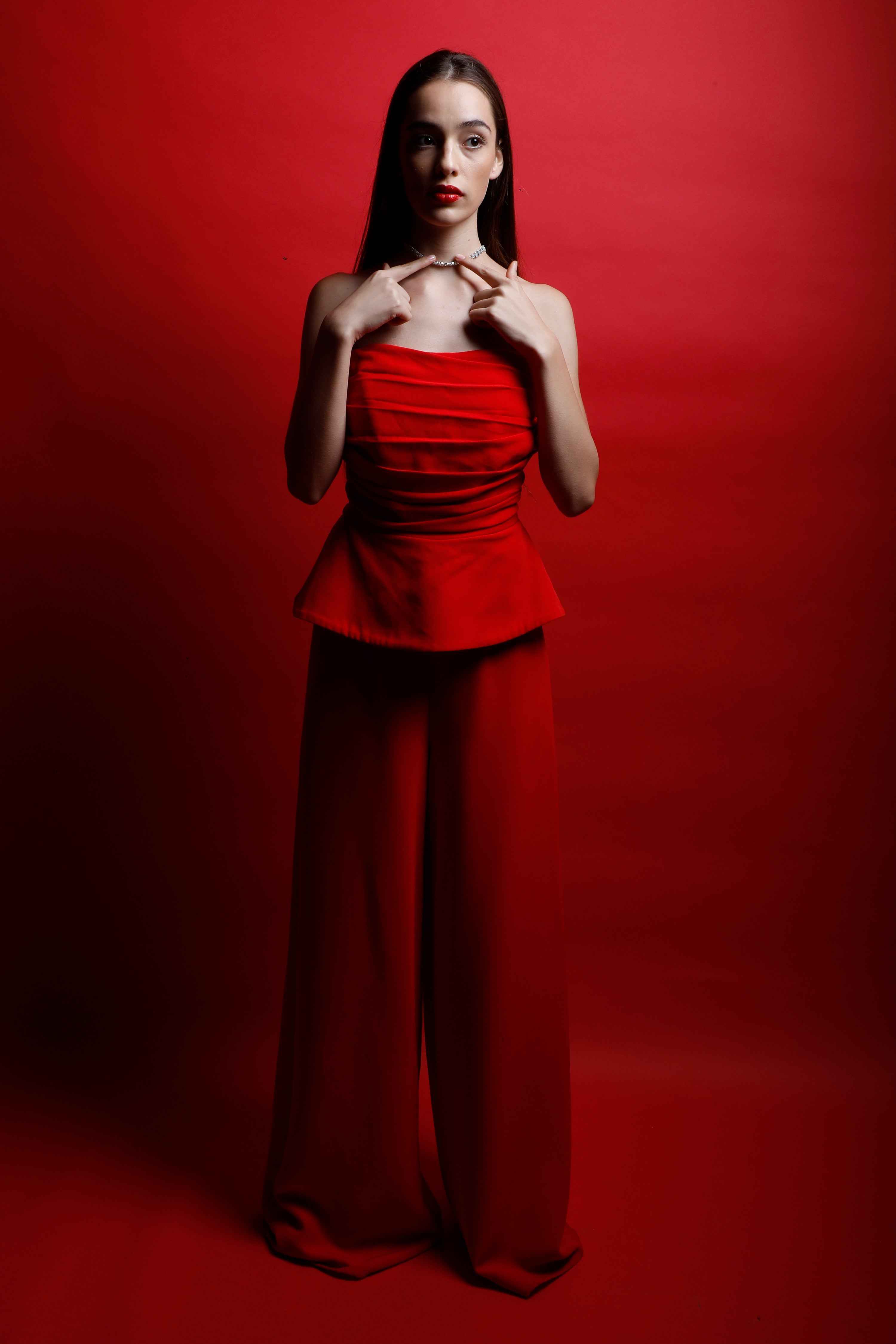 Red Corset Jumpsuit with Peplum