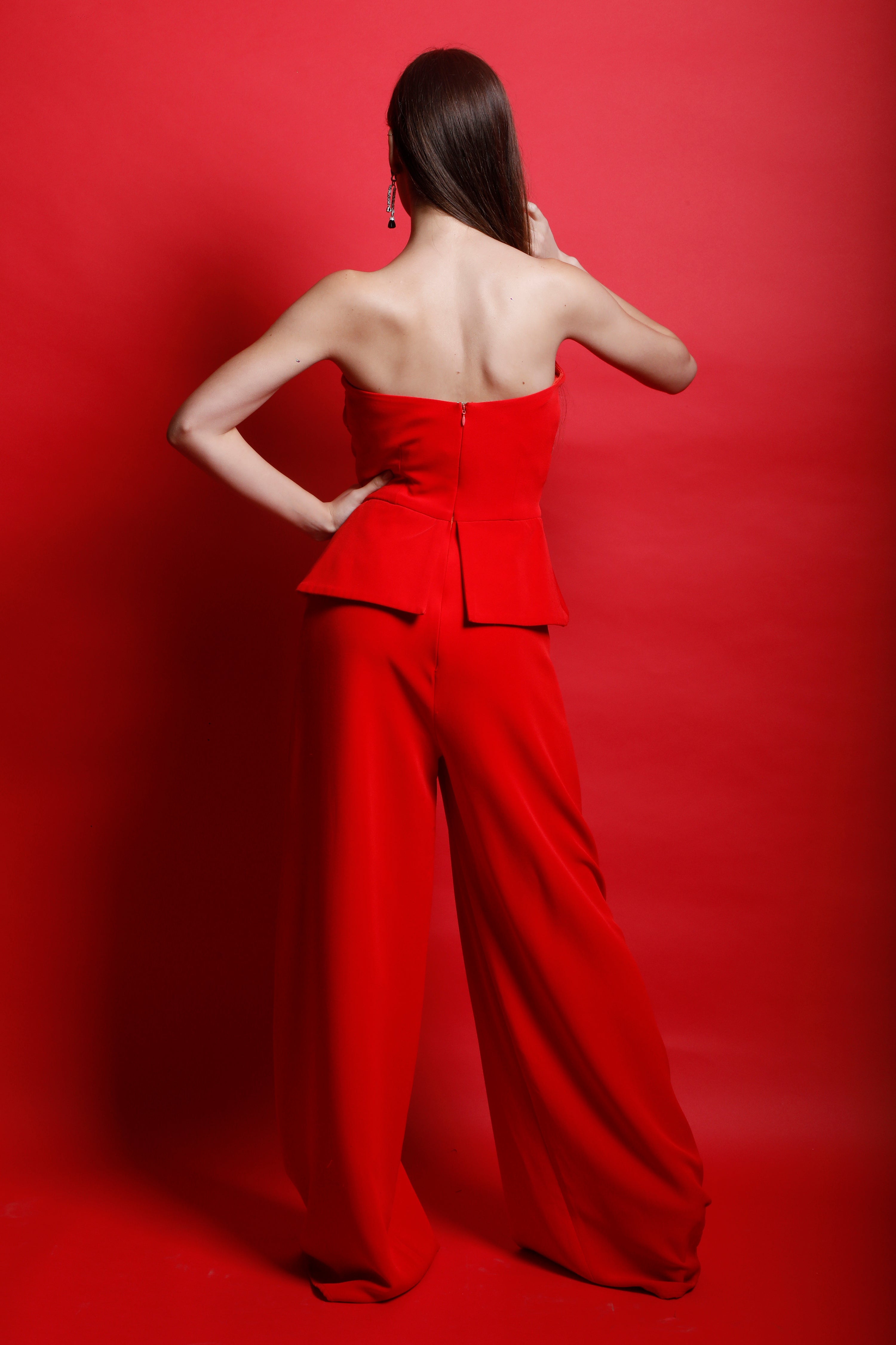 Red Corset Jumpsuit with Peplum