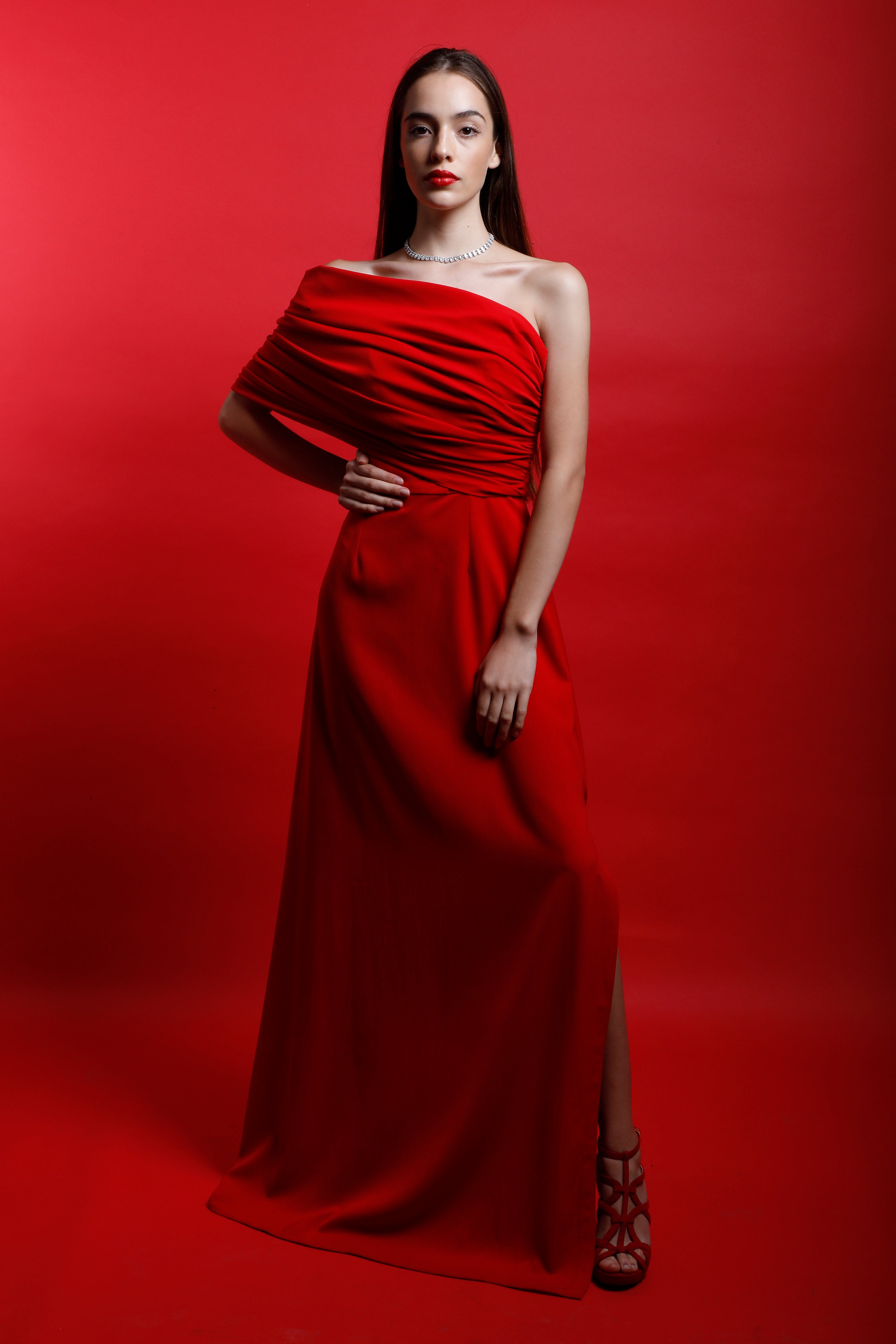 Red Off Shoulder Gown with Slit