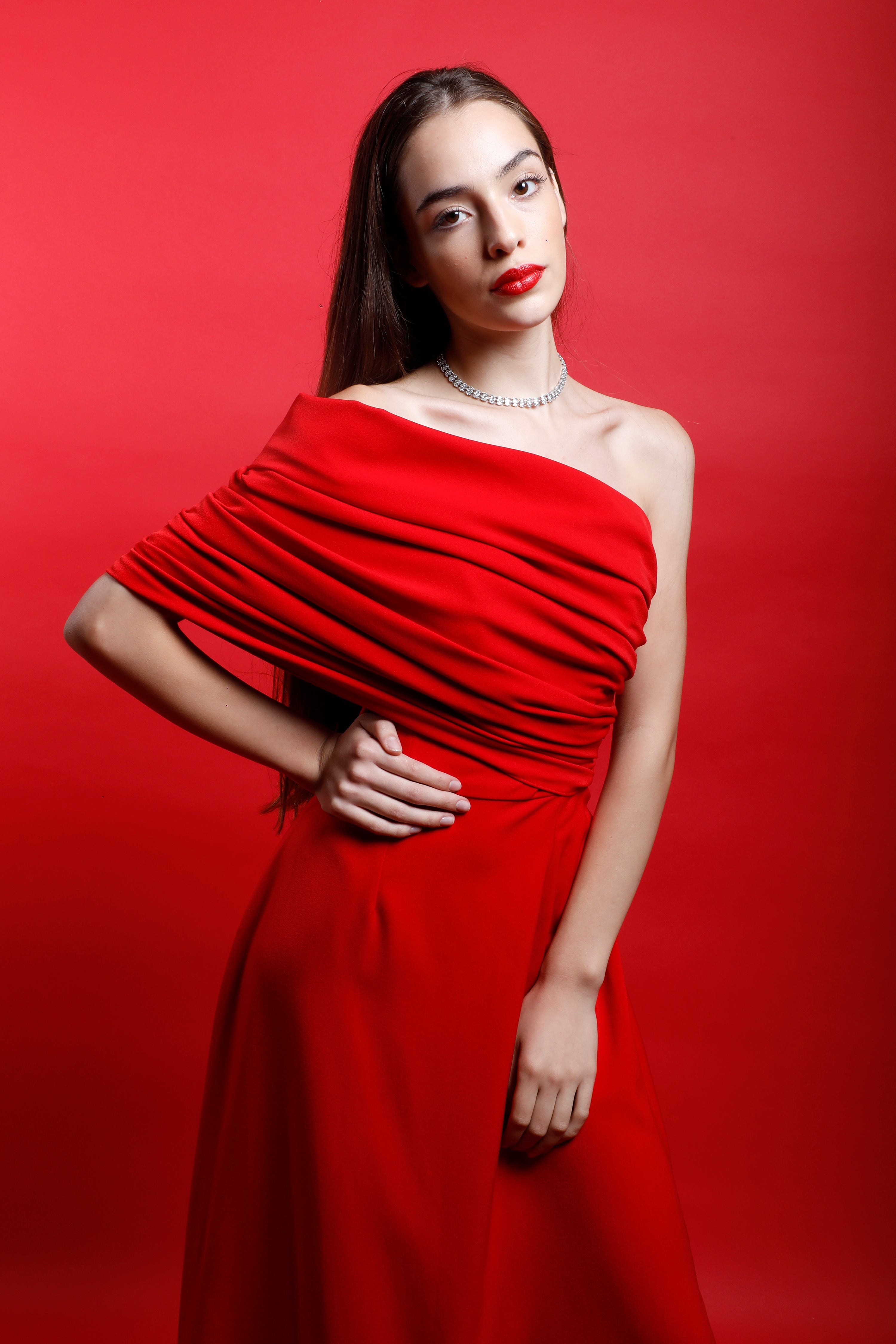 Red Off Shoulder Gown with Slit