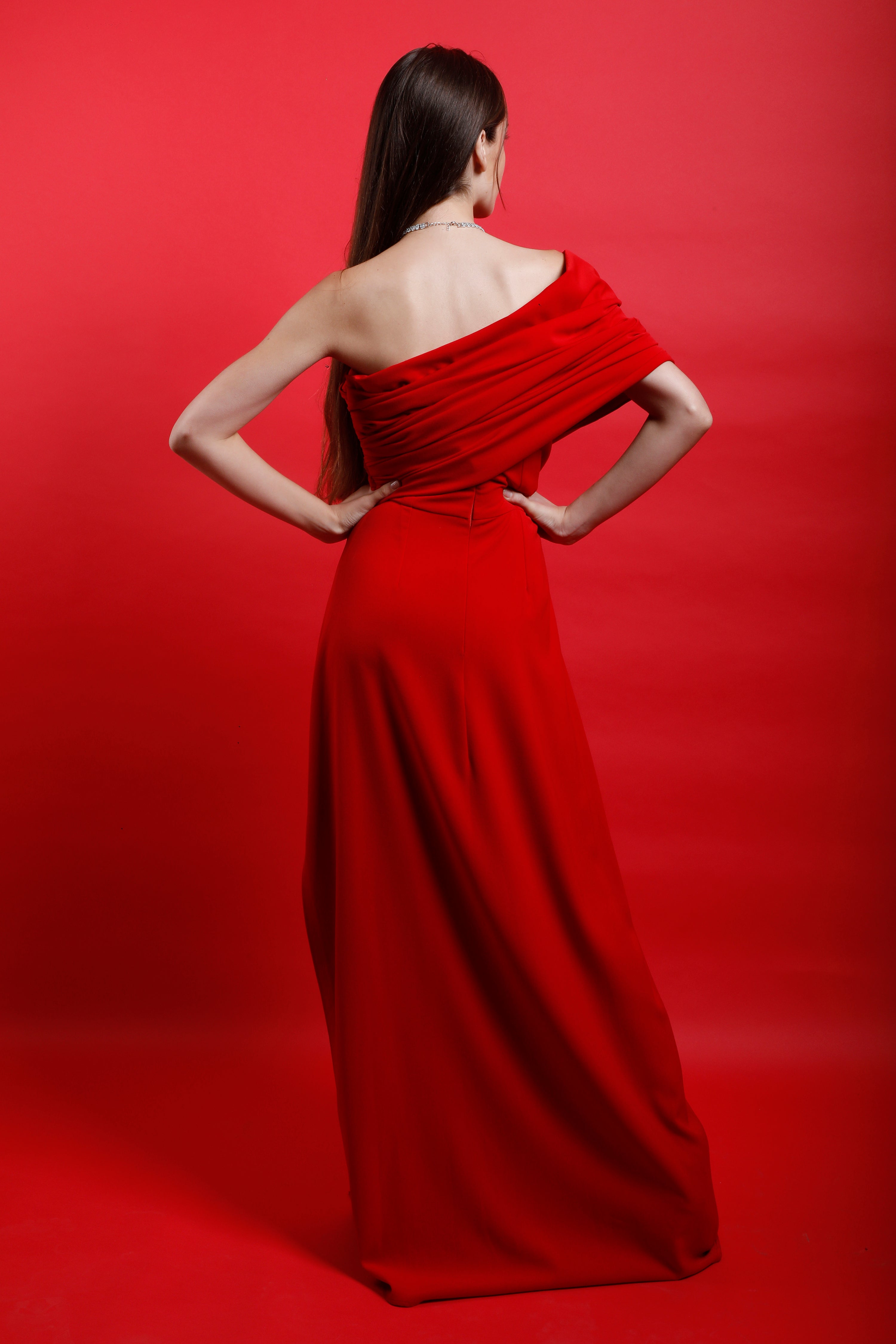 Red Off Shoulder Gown with Slit