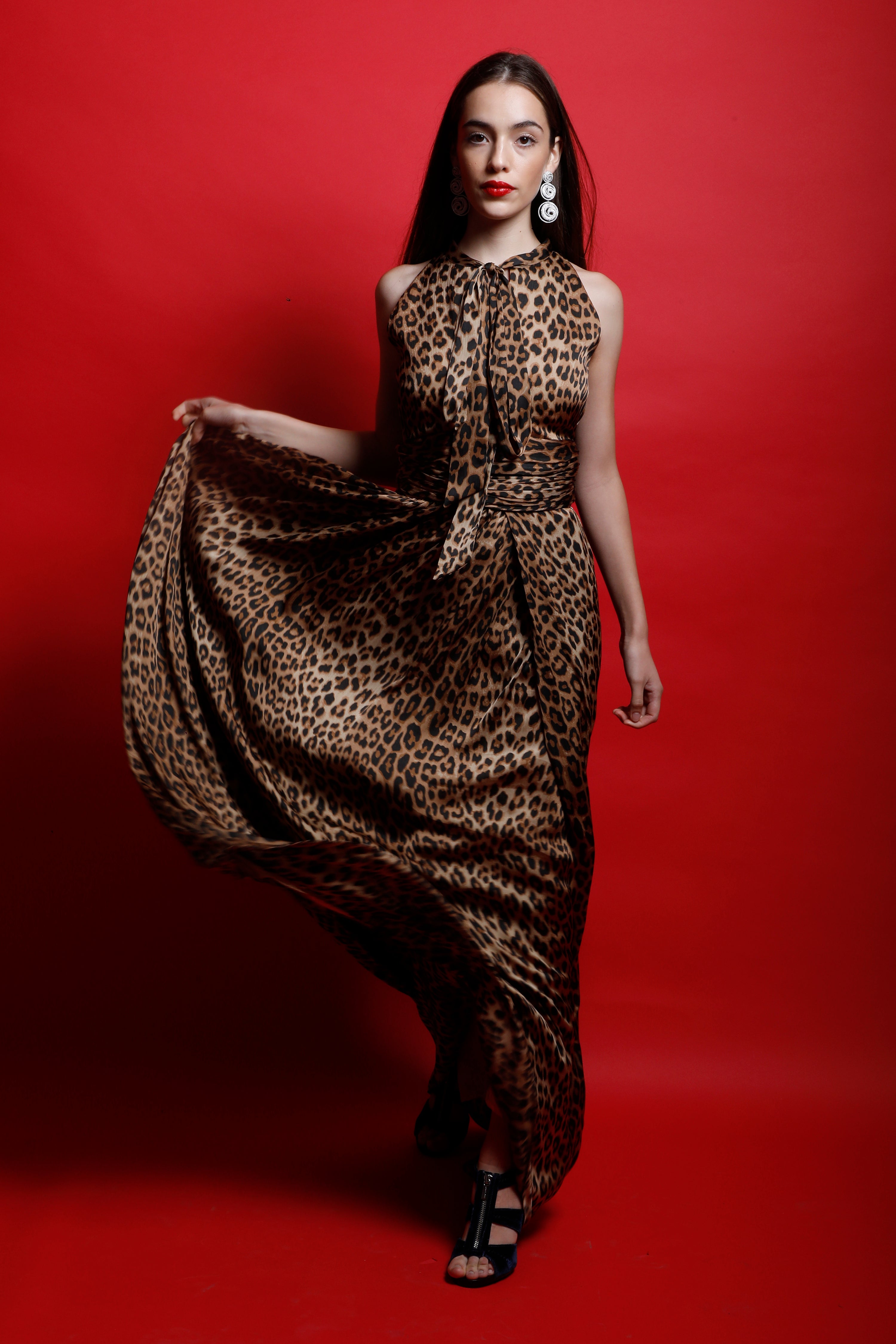 Leopard Print Scarf Collar Maxi