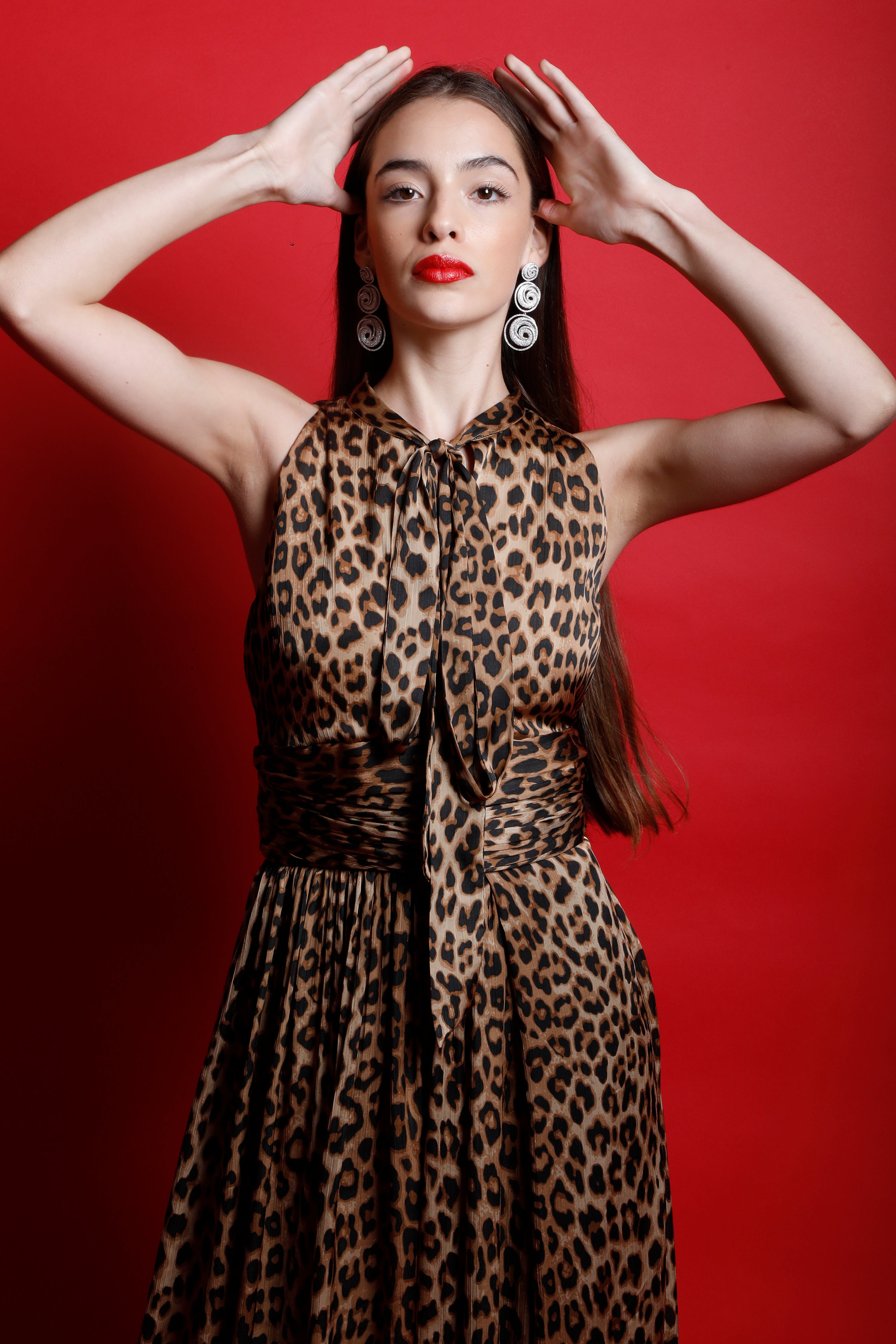 Leopard Print Scarf Collar Maxi