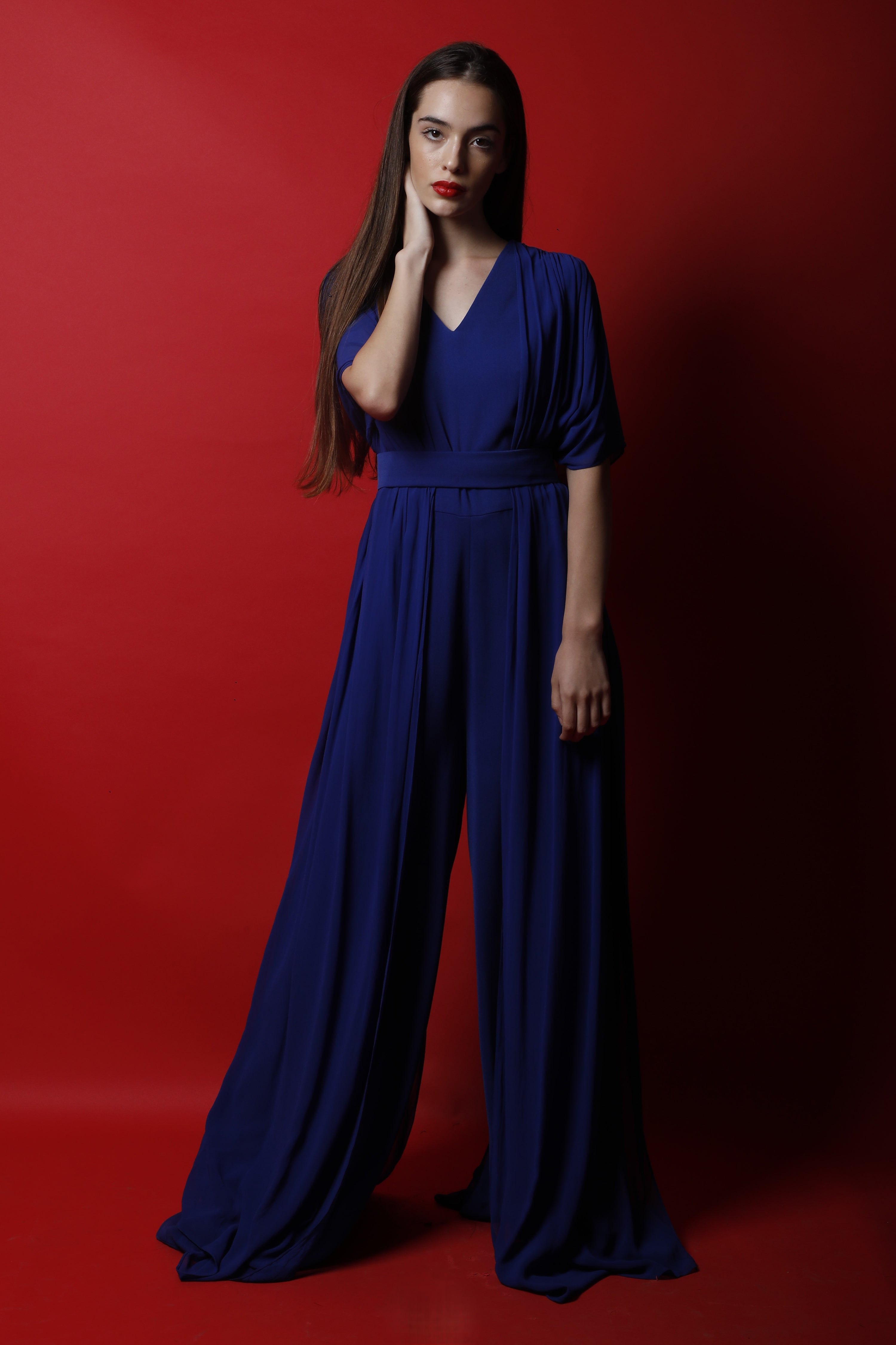 Royal Blue V Neck Jumpsuit with Handkerchief Drapes