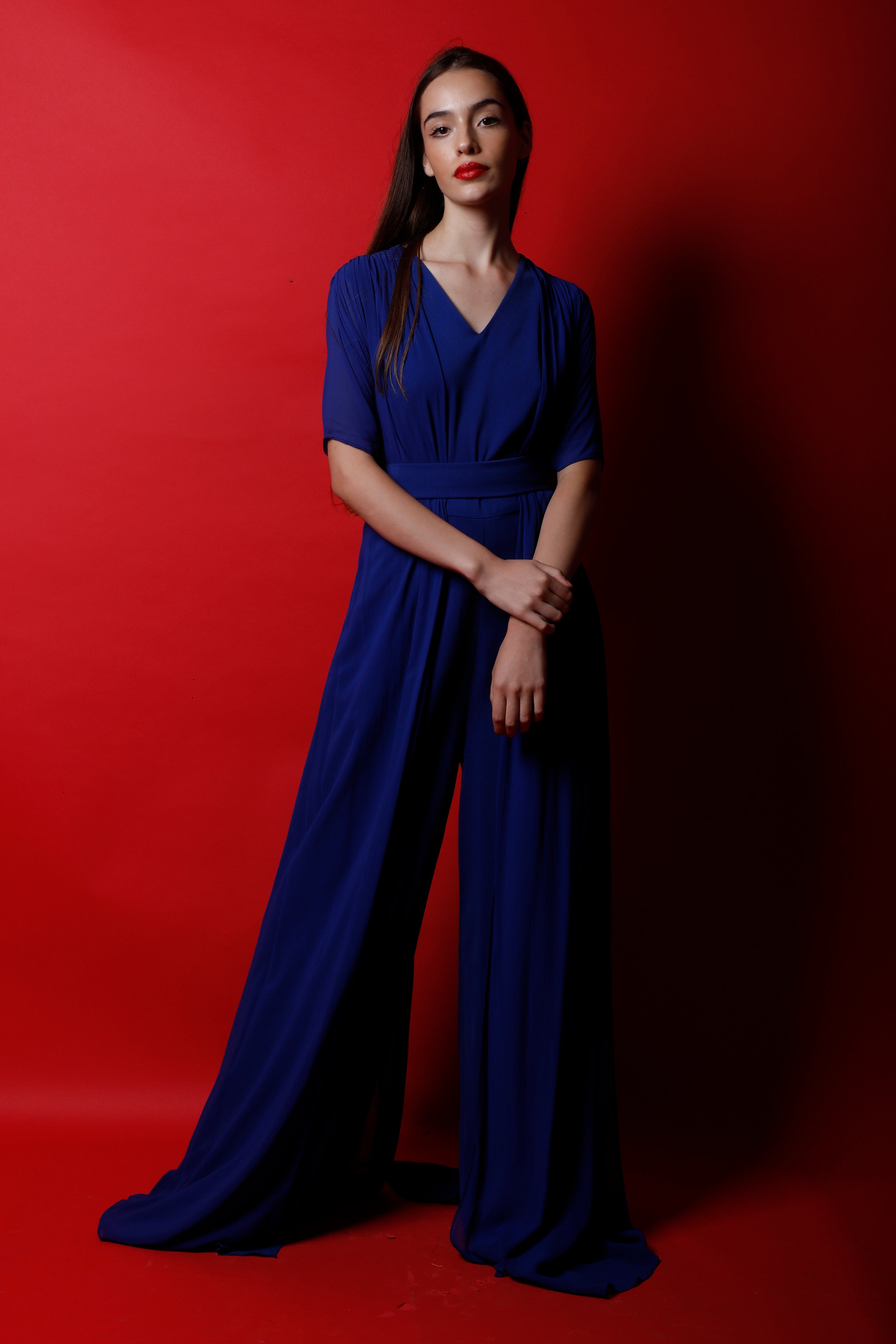 Royal Blue V Neck Jumpsuit with Handkerchief Drapes