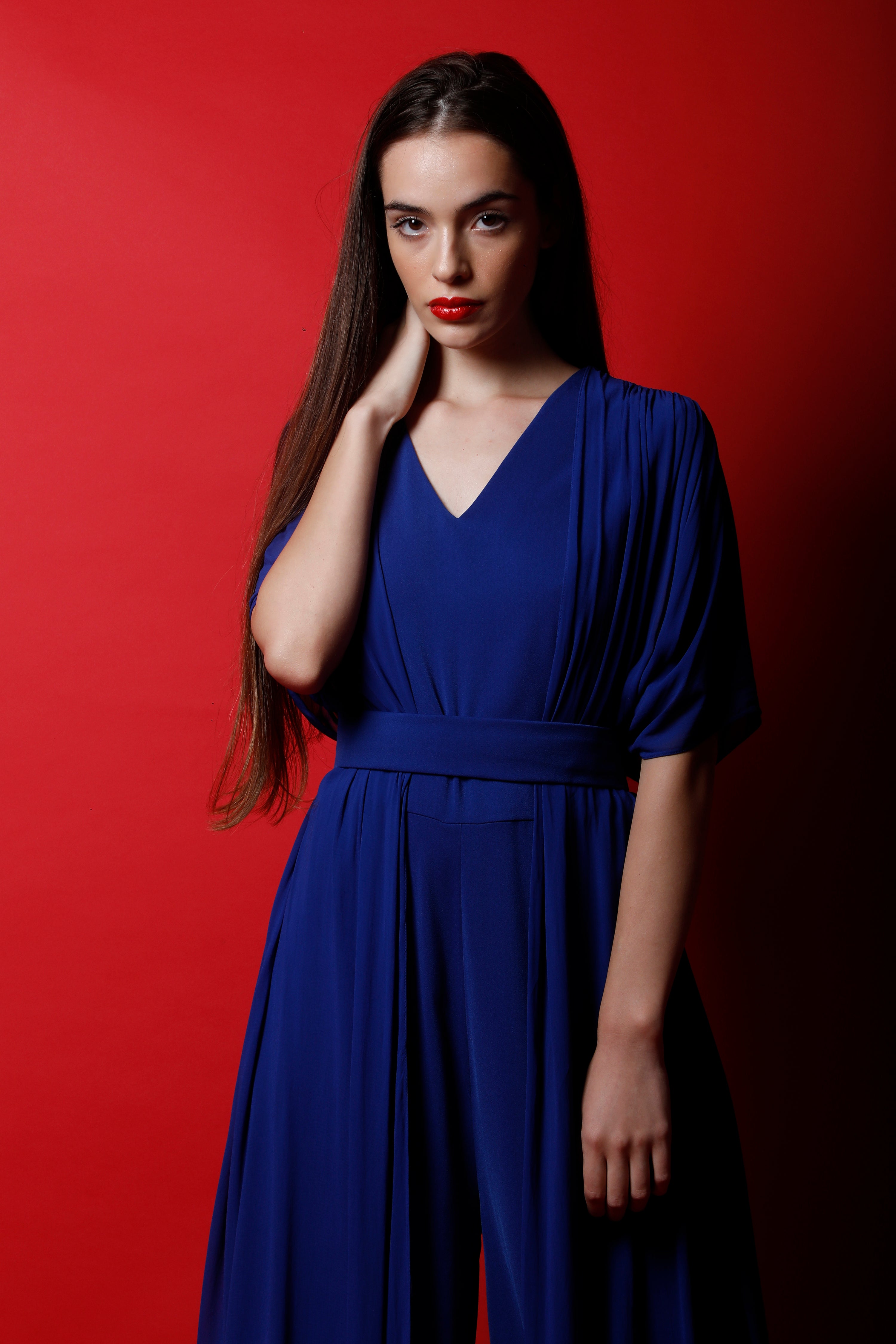 Royal Blue V Neck Jumpsuit with Handkerchief Drapes
