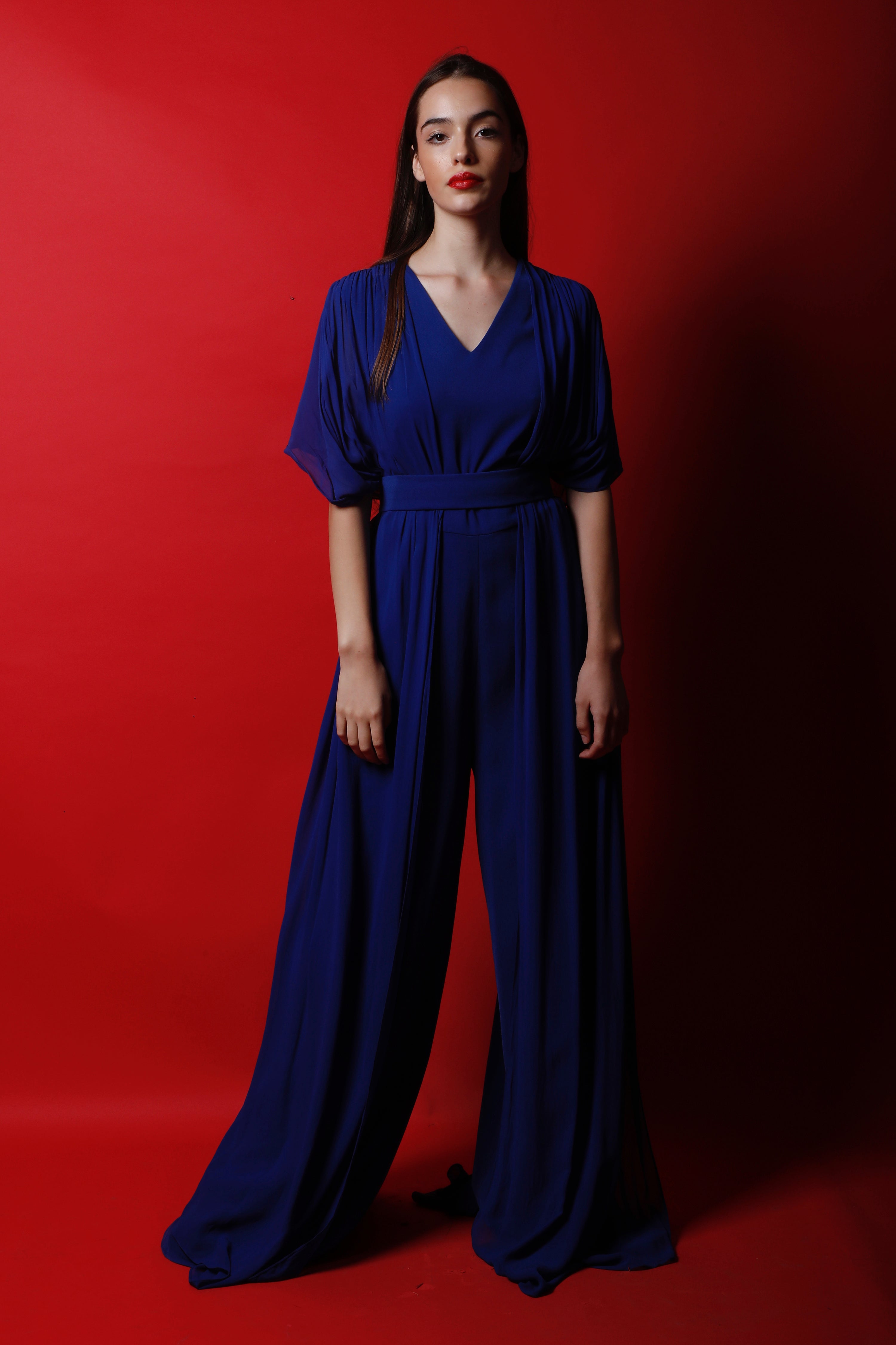 Royal Blue V Neck Jumpsuit with Handkerchief Drapes