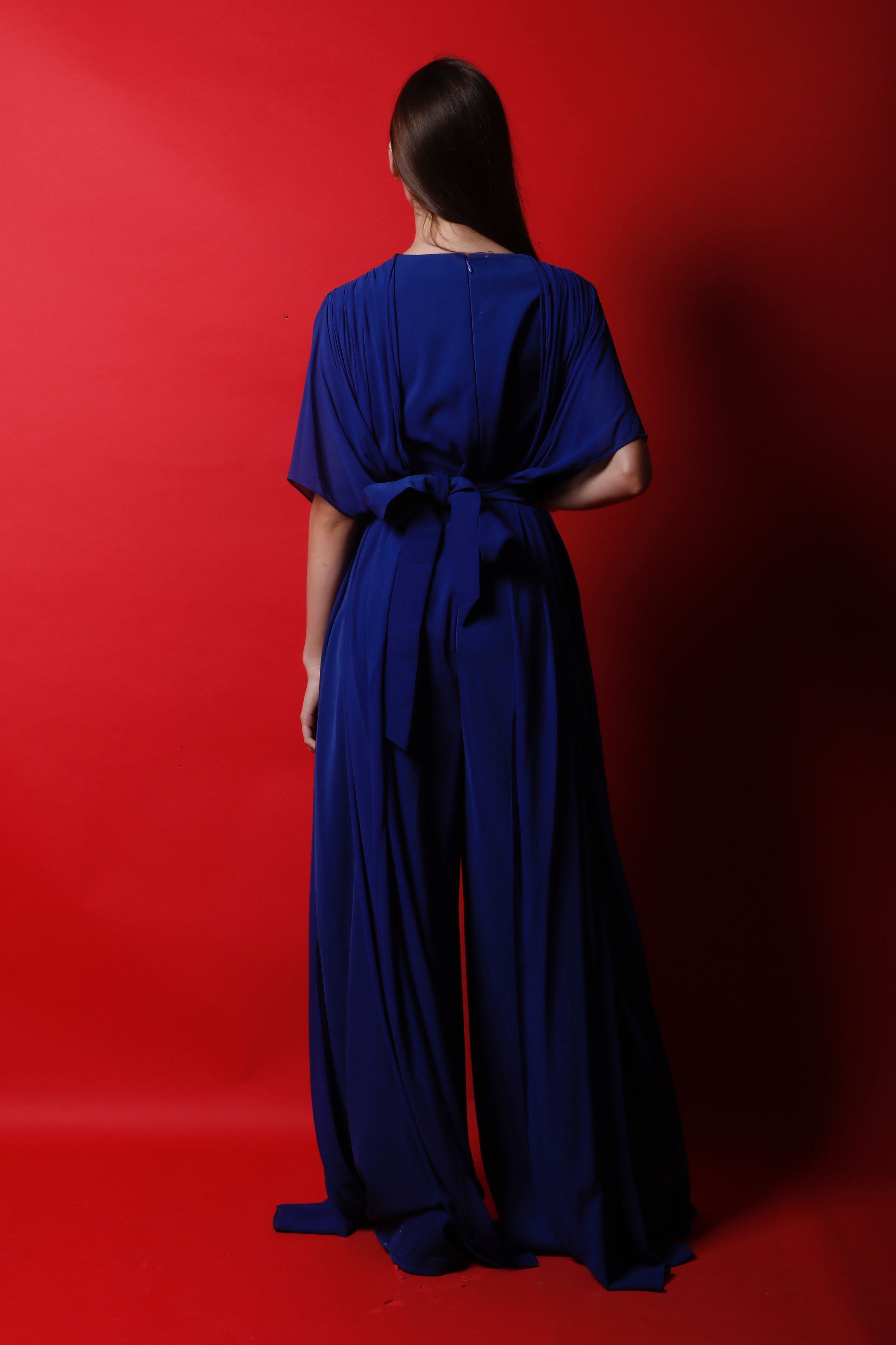 Royal Blue V Neck Jumpsuit with Handkerchief Drapes