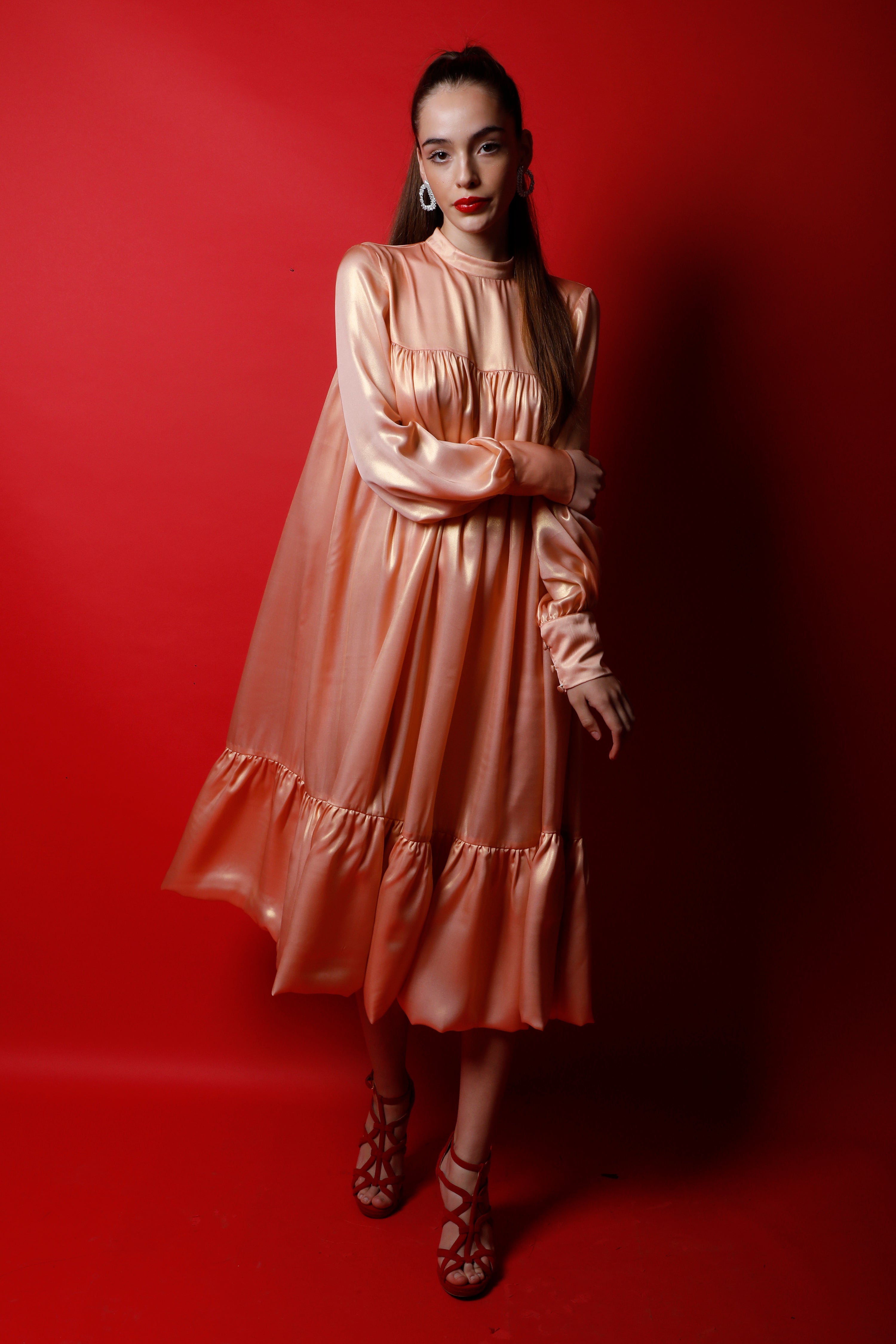 Band Collar Puff Sleeves Flared Dress