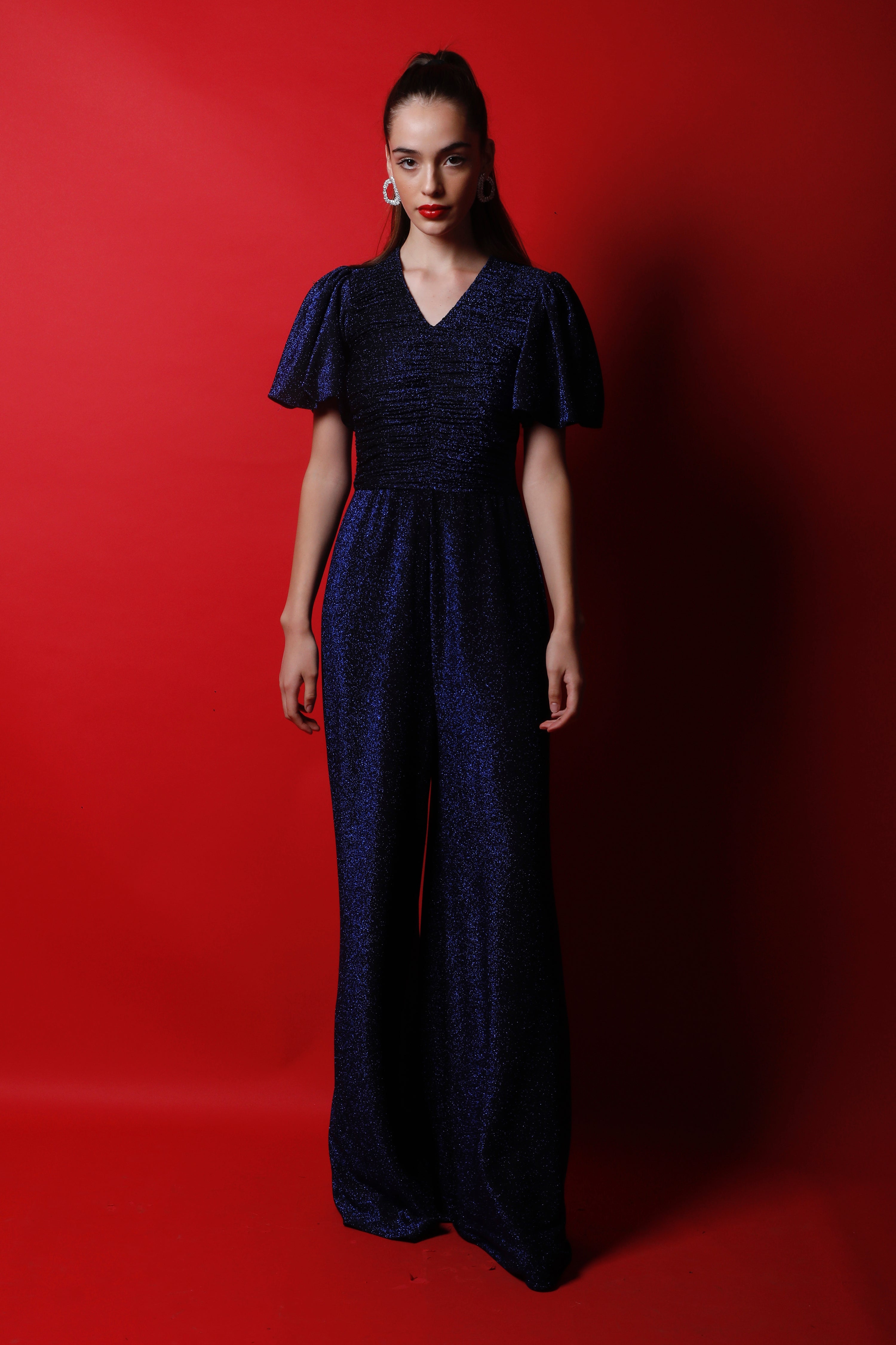 V Neck Ruched Body Jumpsuit with Puff Sleeves