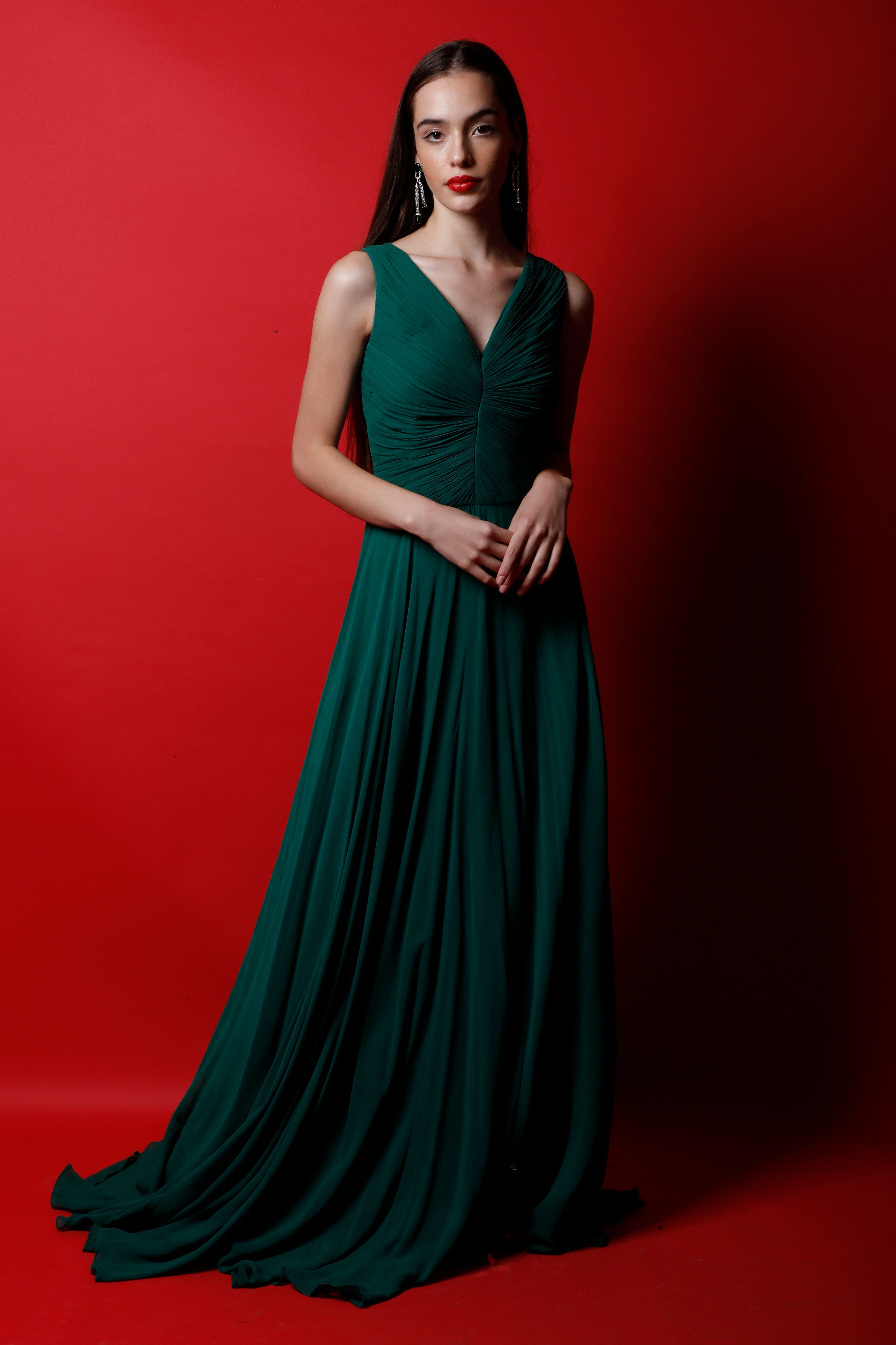 V Neck Ruched Empire Cut Maxi Gown