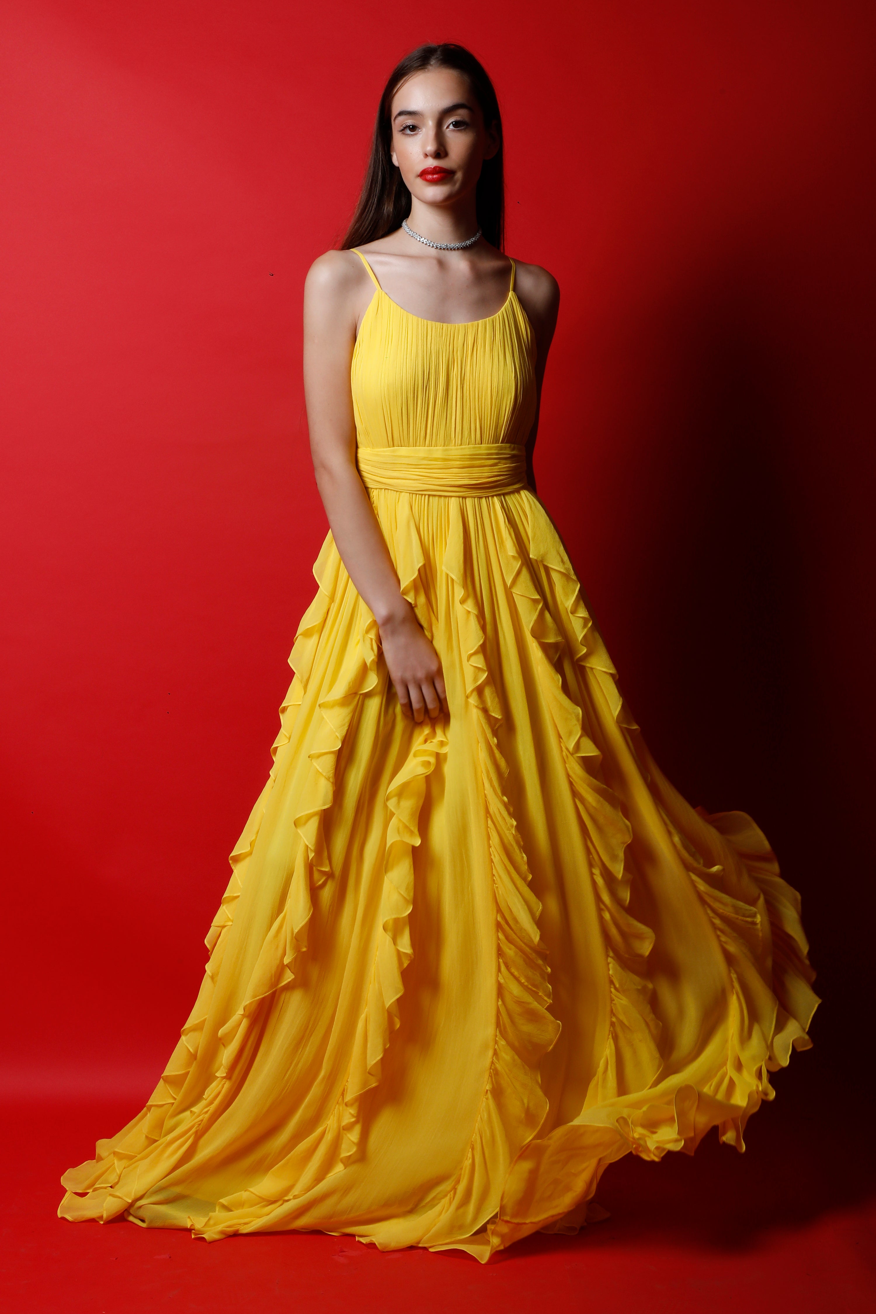 Strappy Ruched Maxi Gown with Ruffles