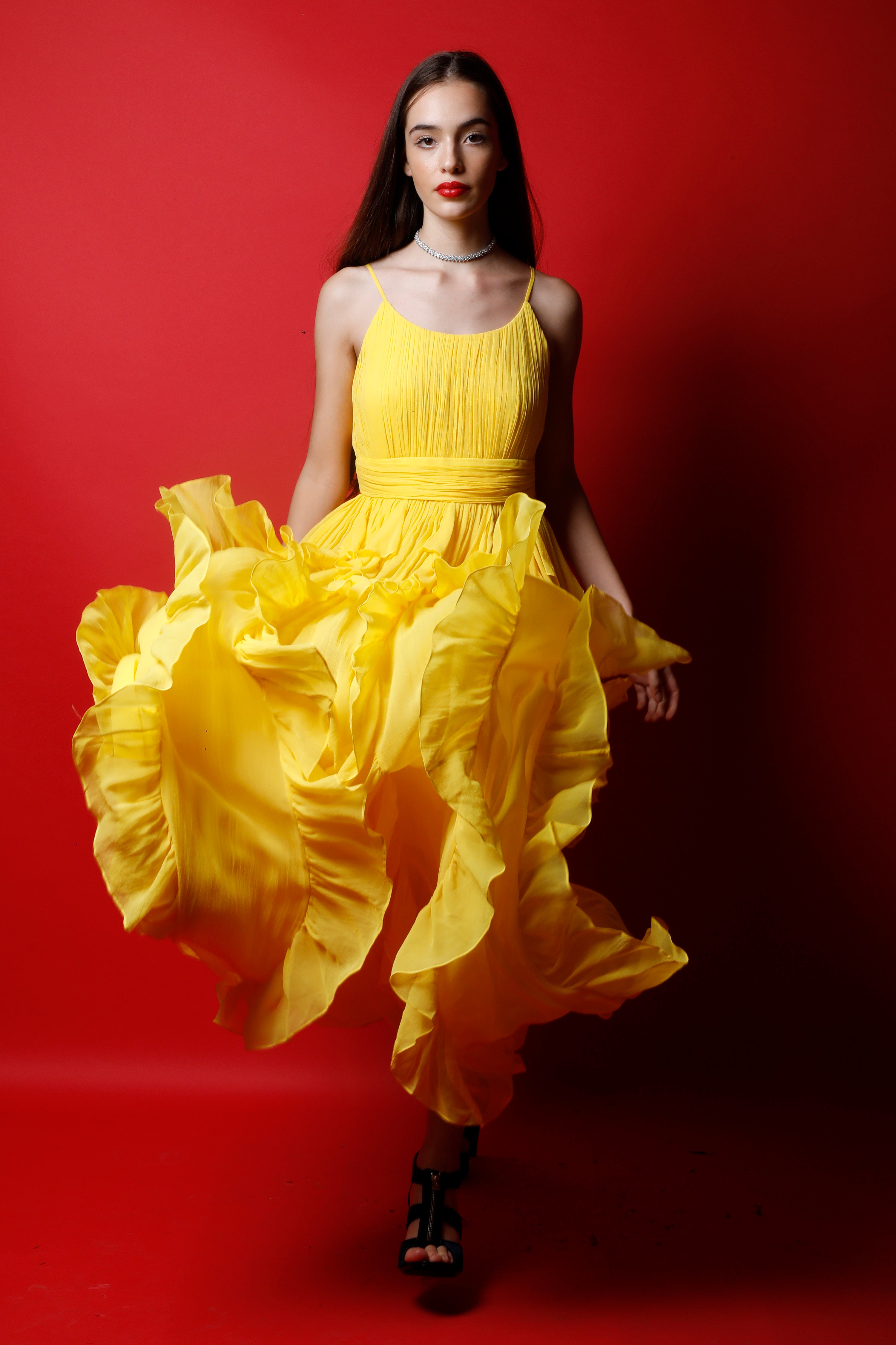 Strappy Ruched Maxi Gown with Ruffles