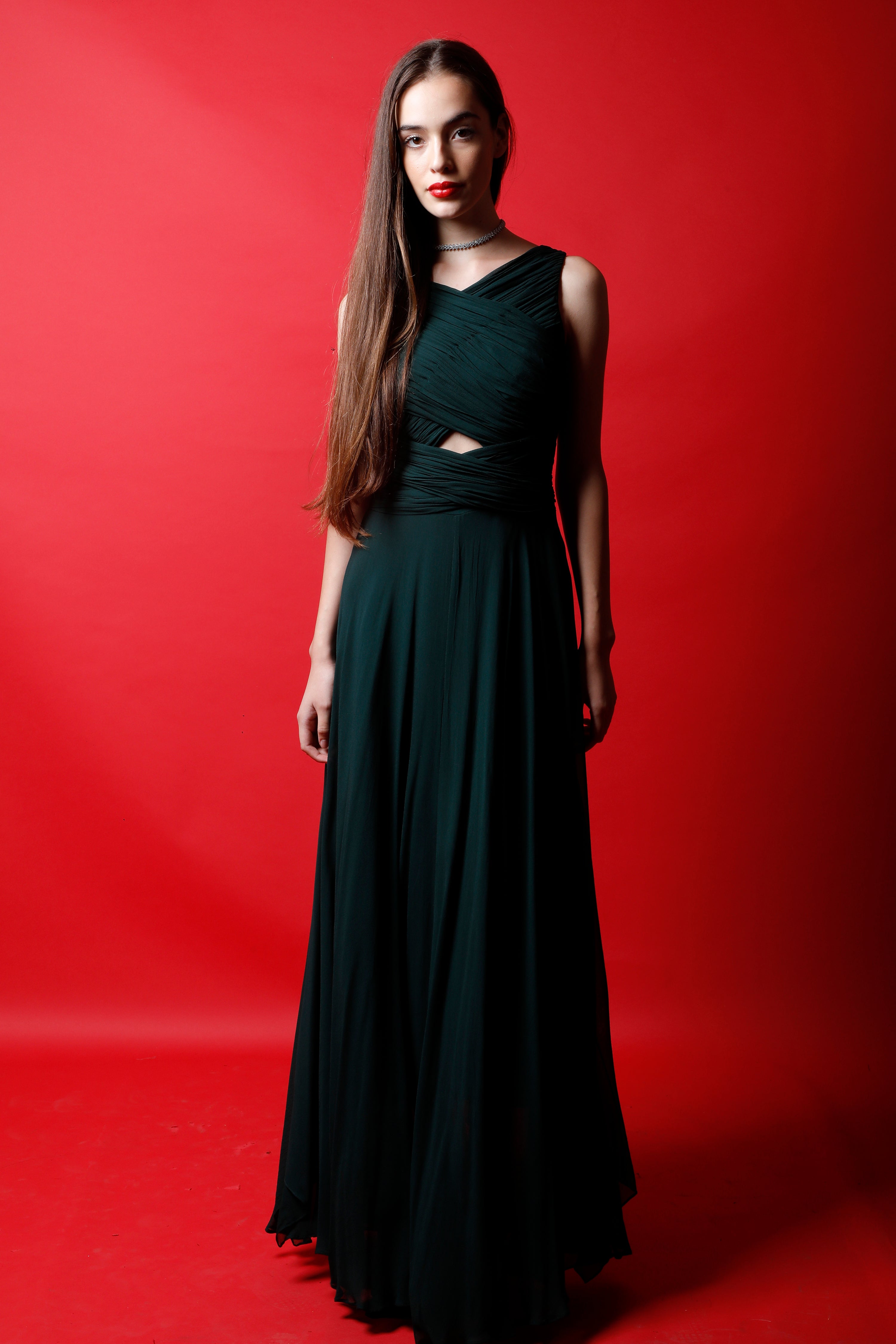 V Neck Criss Cross Ruched Asymmetric Maxi Dress