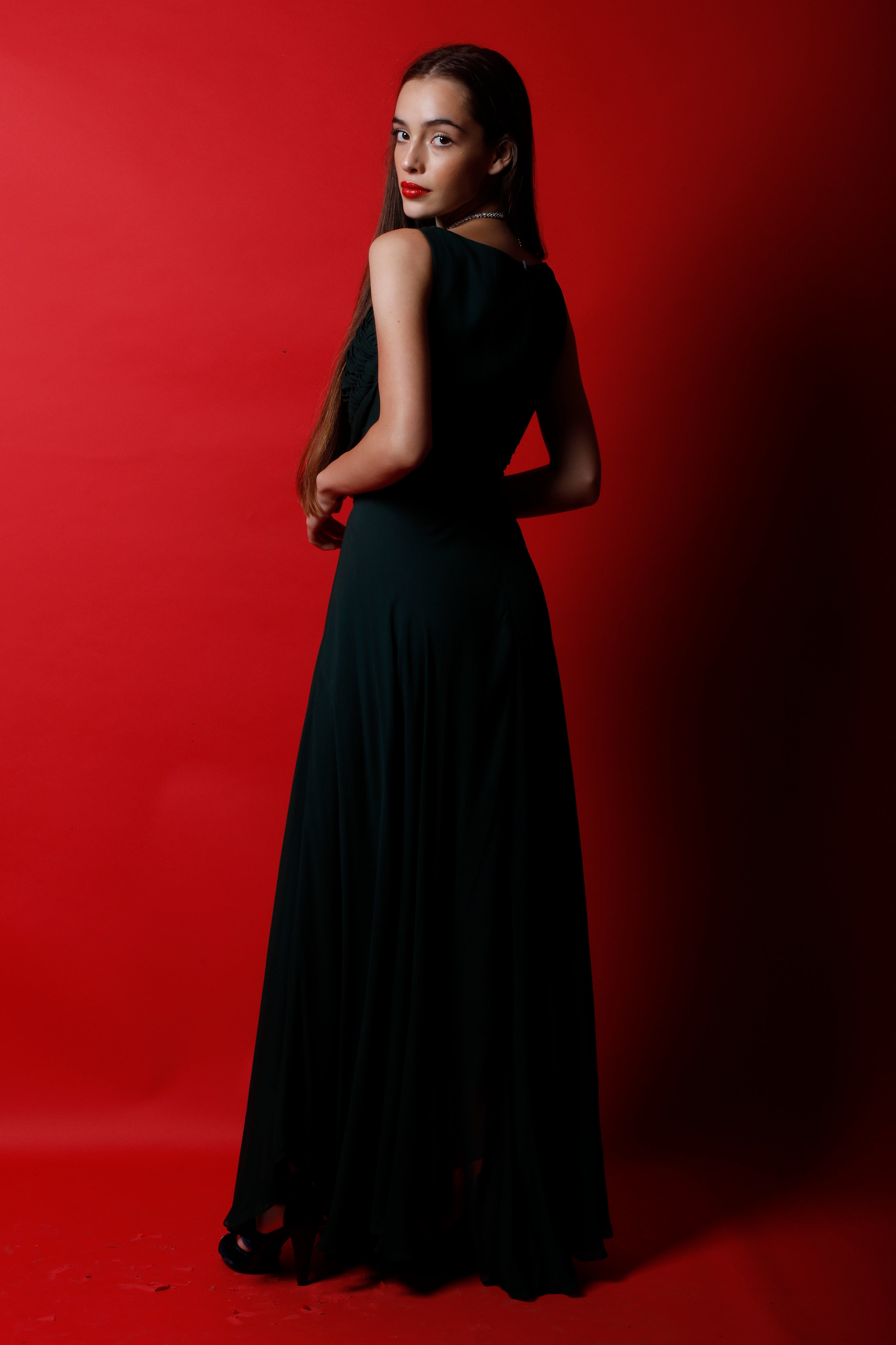 V Neck Criss Cross Ruched Asymmetric Maxi Dress
