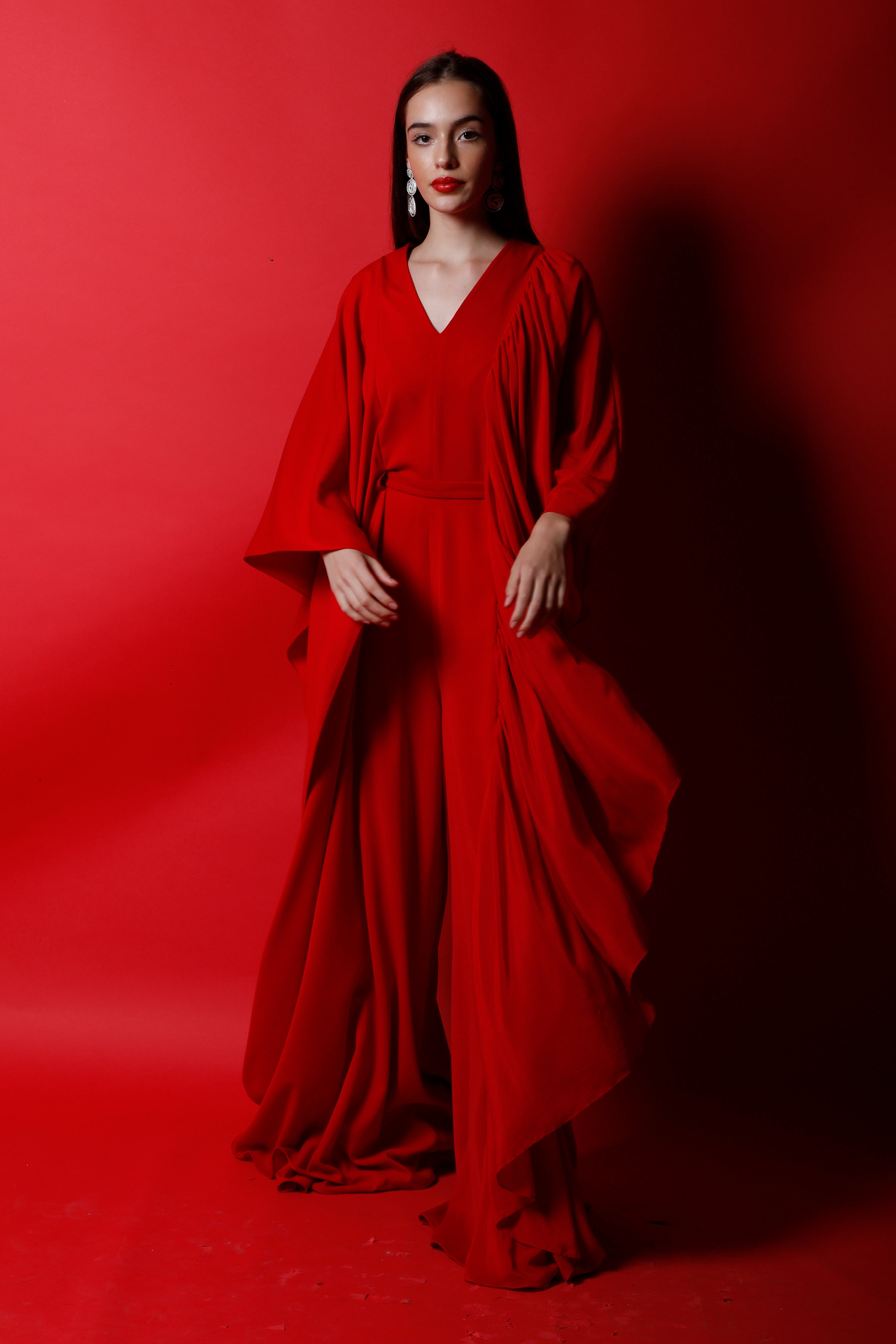 V Neck Jumpsuit with Flag Drapes