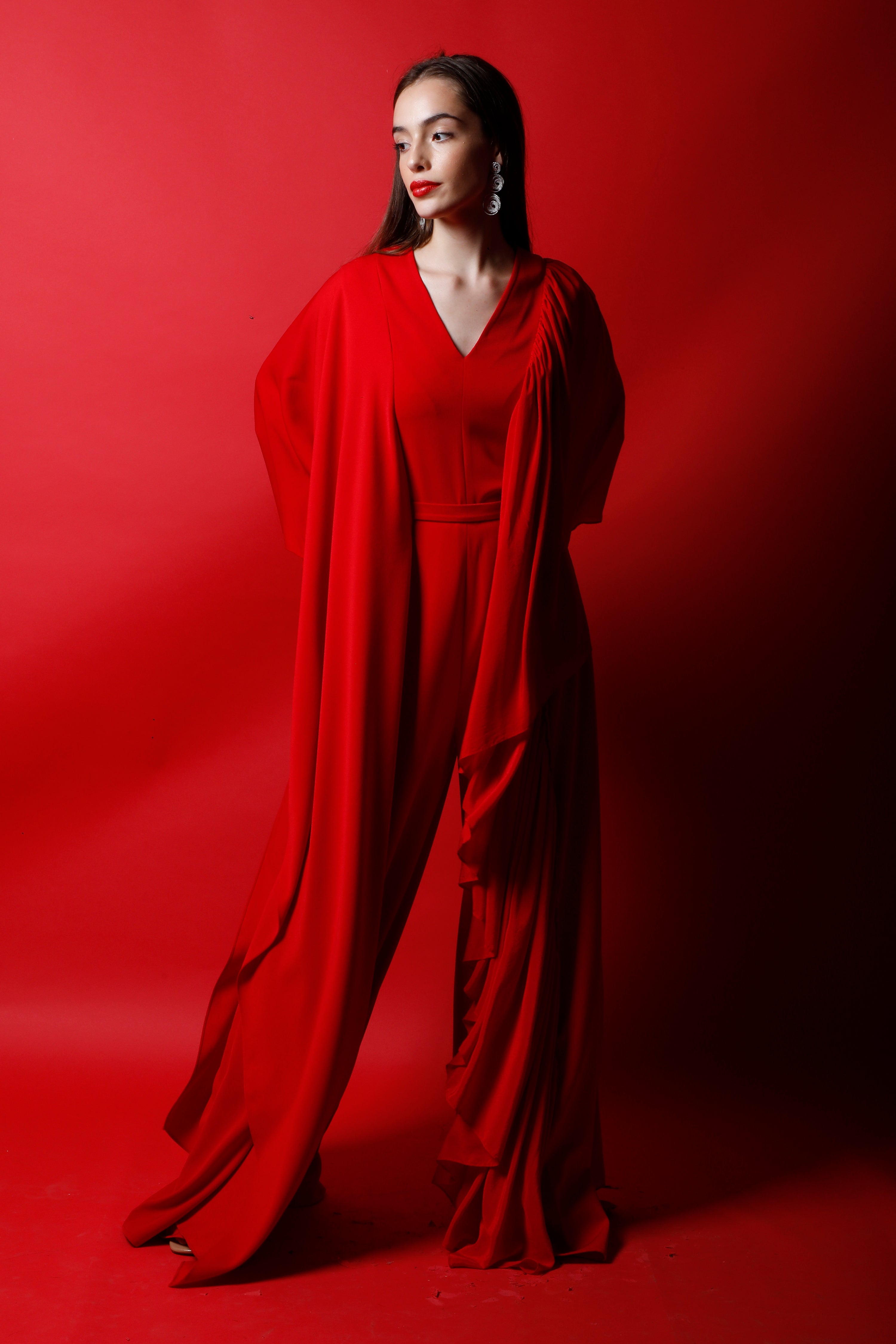 V Neck Jumpsuit with Flag Drapes