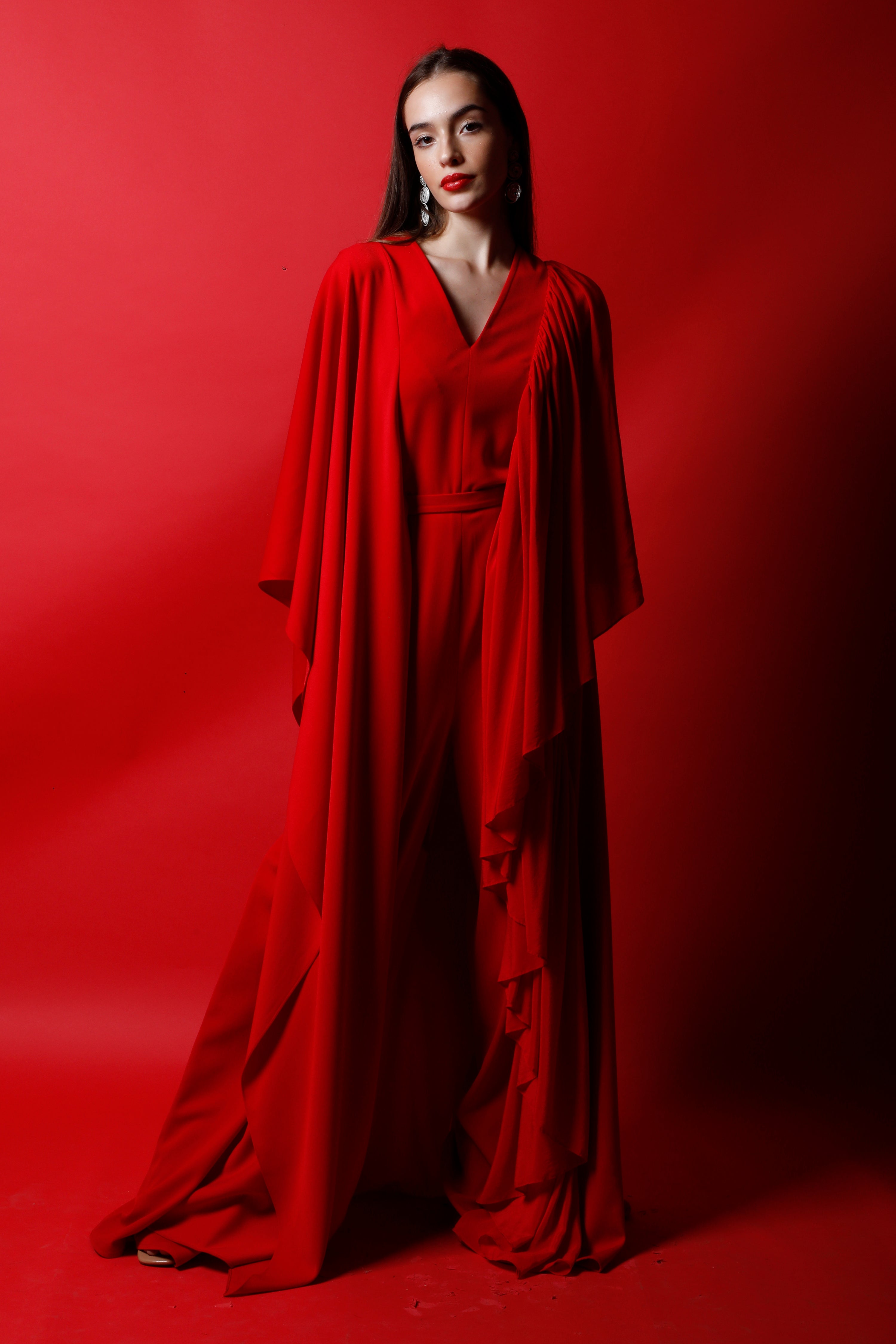 V Neck Jumpsuit with Flag Drapes