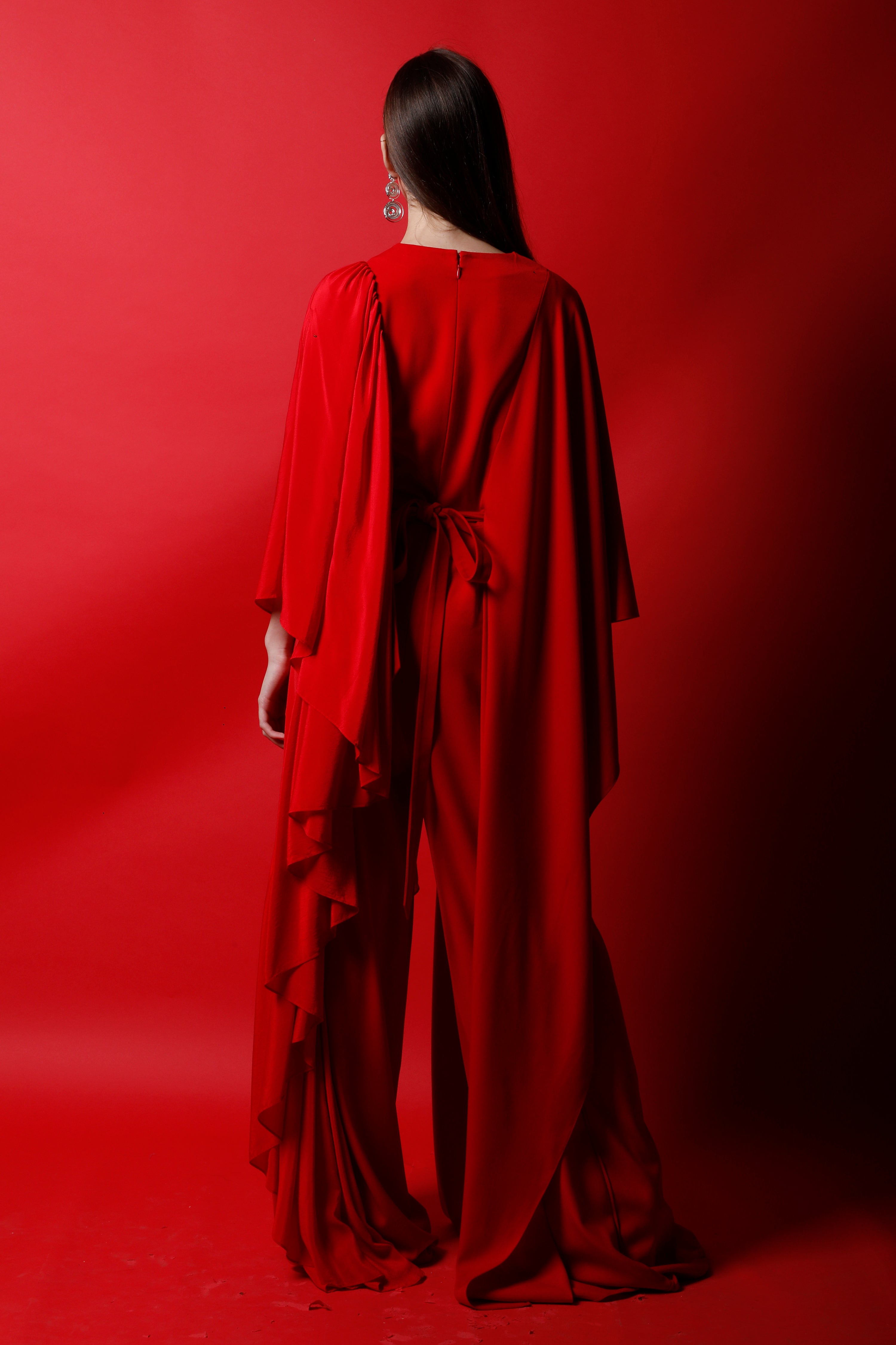 V Neck Jumpsuit with Flag Drapes