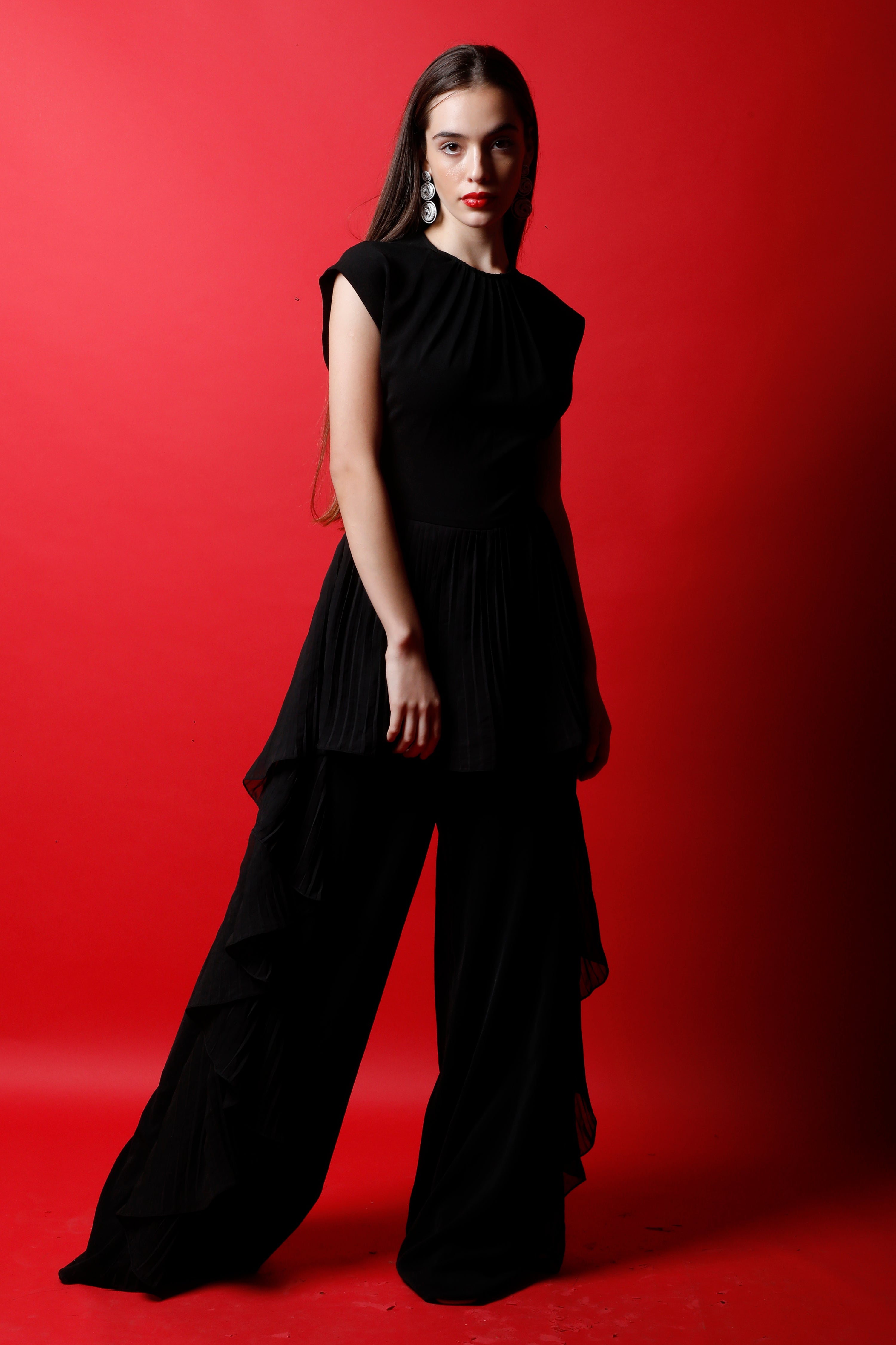 Black Fan Pleated Detail Jumpsuit