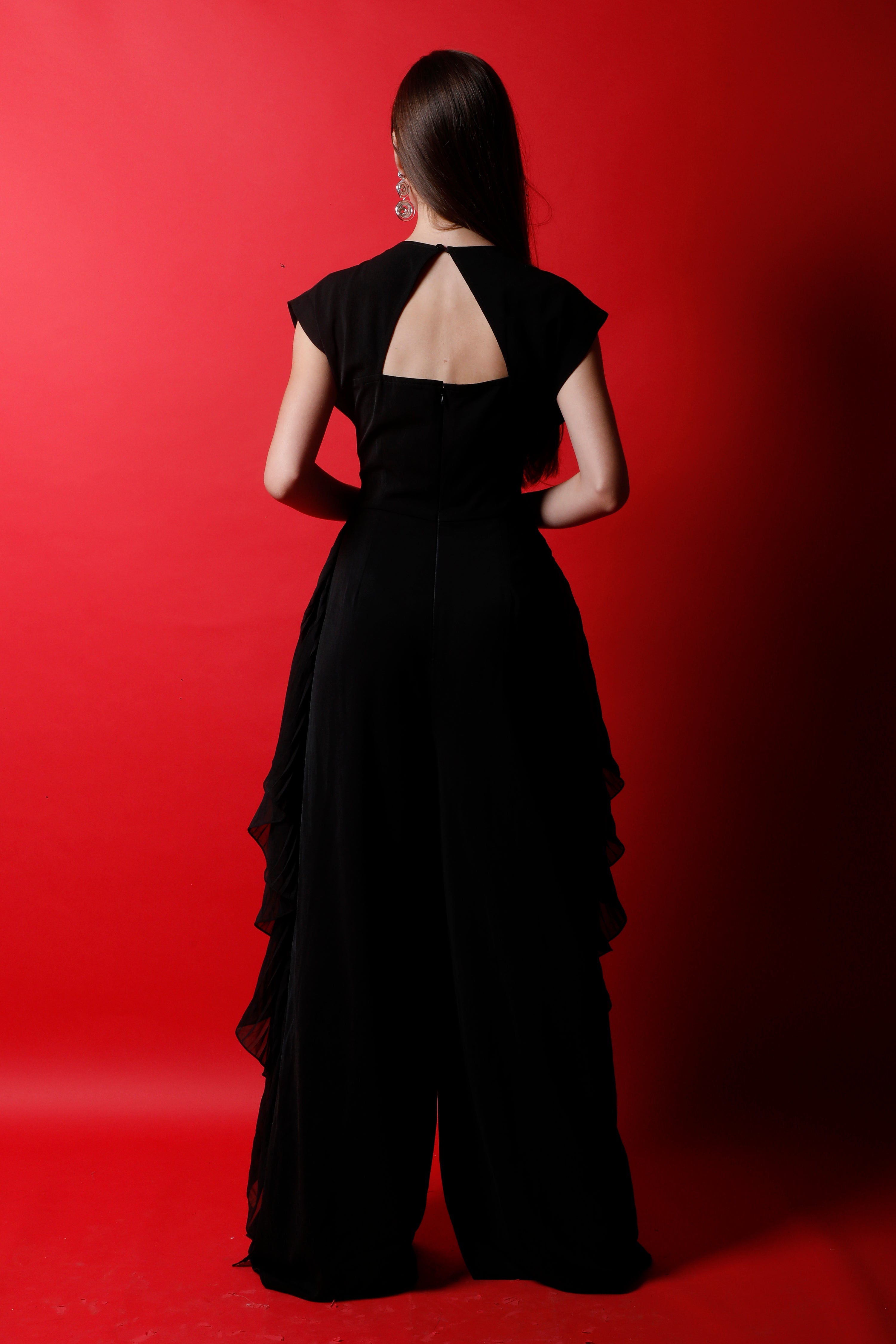 Black Fan Pleated Detail Jumpsuit