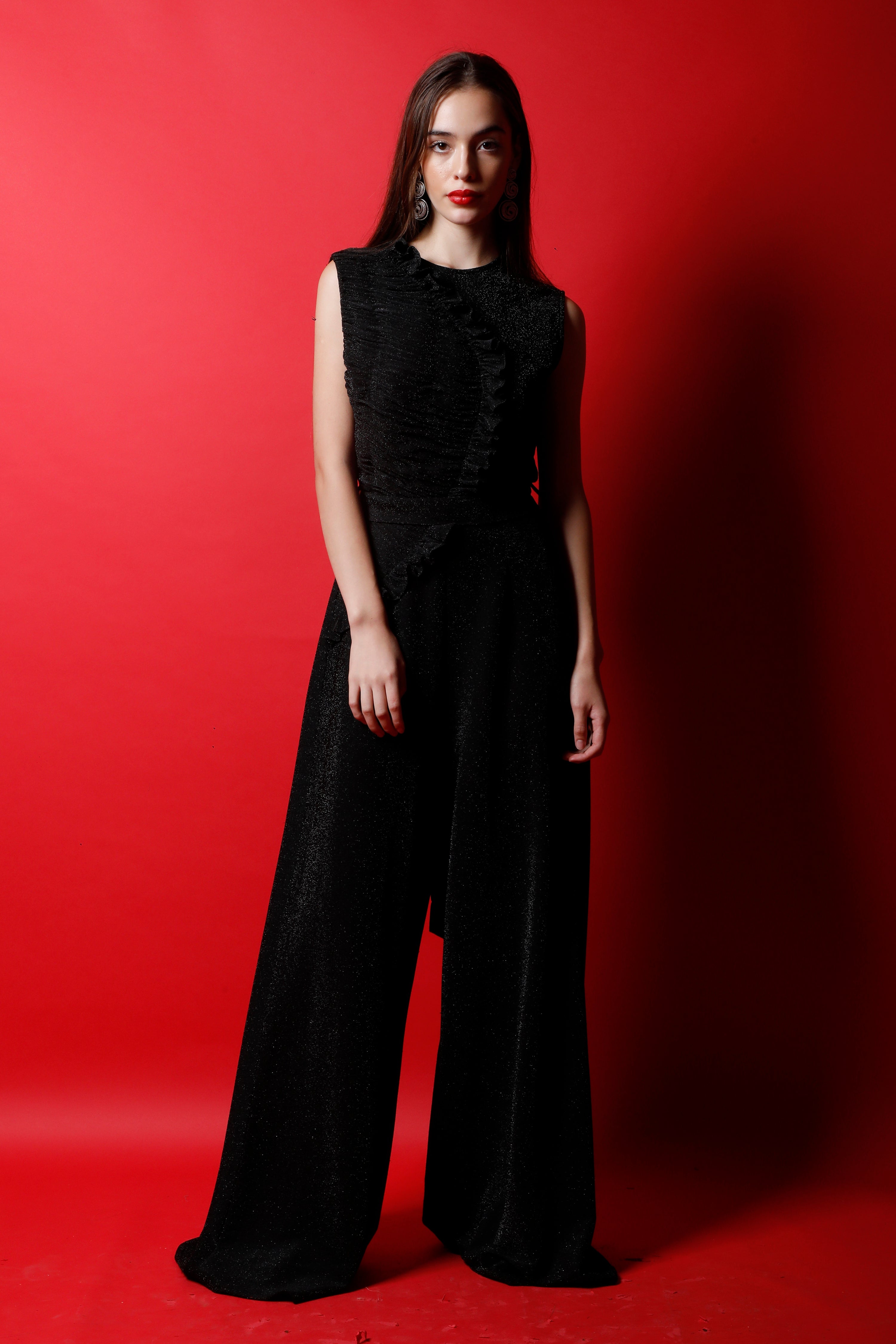 Black Fan Pleated Detail Jumpsuit