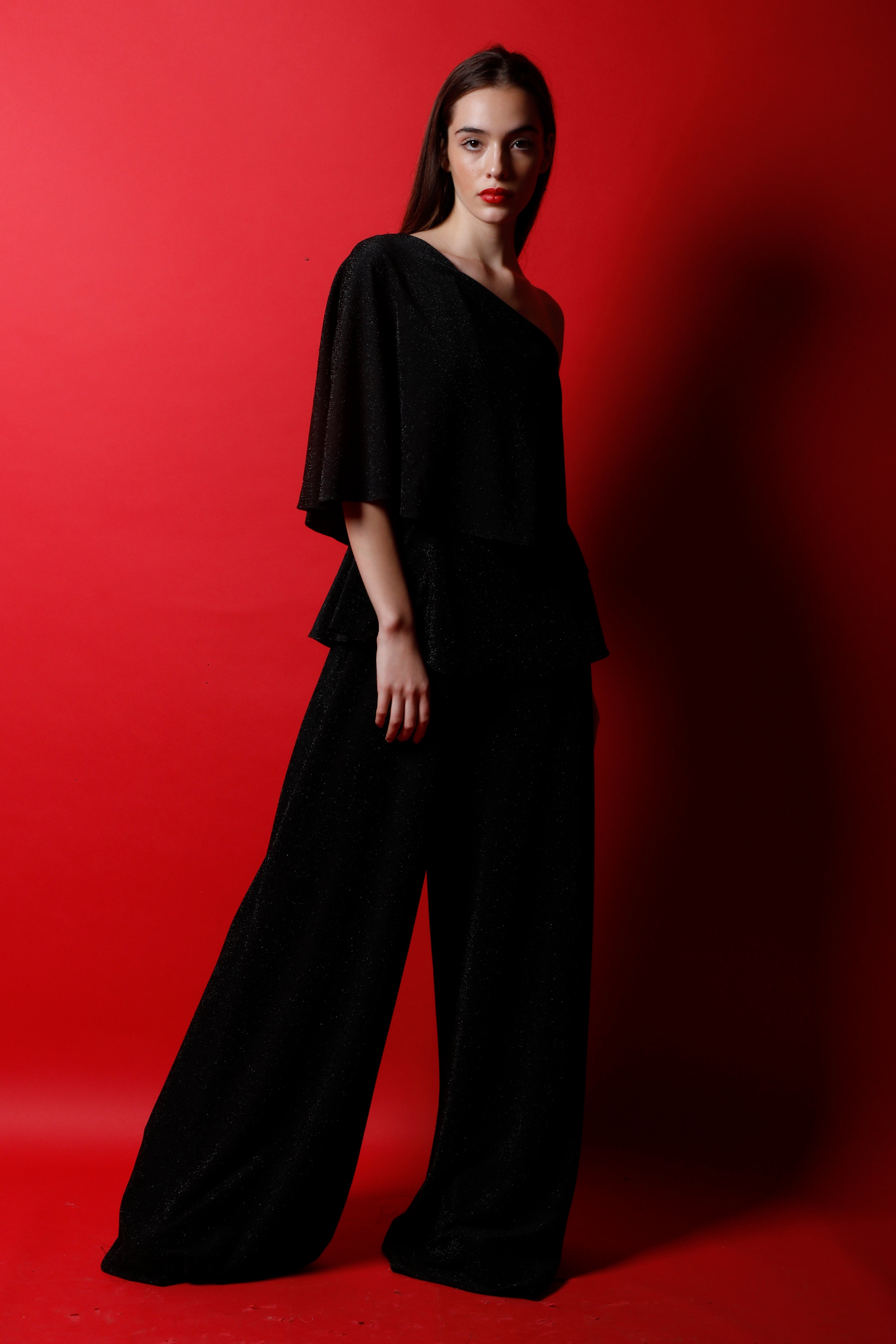 One Shoulder Jumpsuit with Cape & Peplum