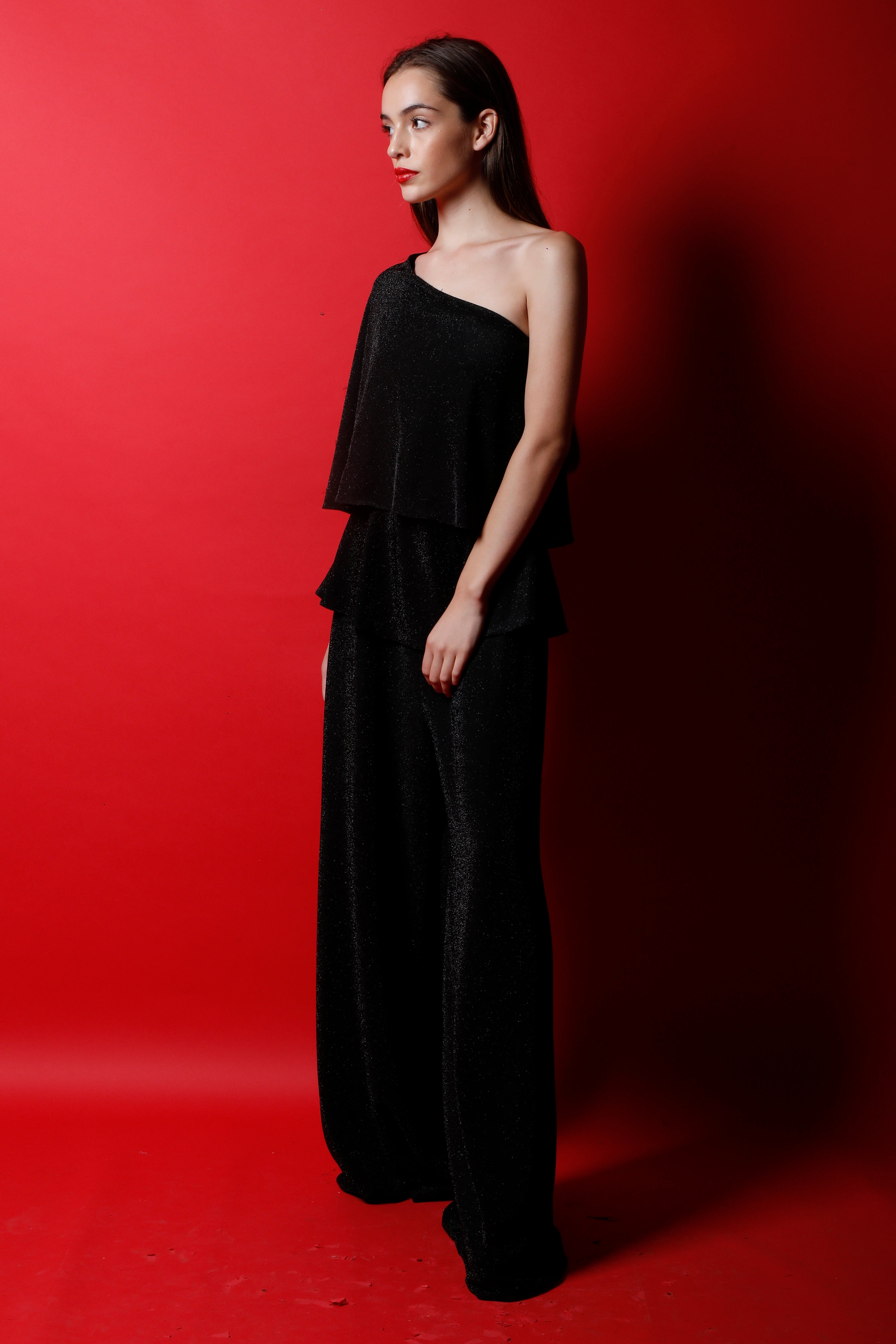 One Shoulder Jumpsuit with Cape & Peplum